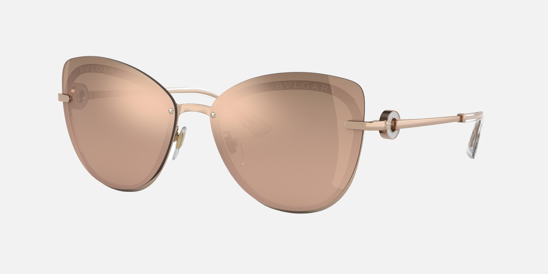Bvlgari BV6182B 20140W butterfly sunglasses for women in semi-rimless metal, with pink gold frame, and rose gold lenses. 60mm in lens size, 15mm in bridge size, and 140mm in temple length.