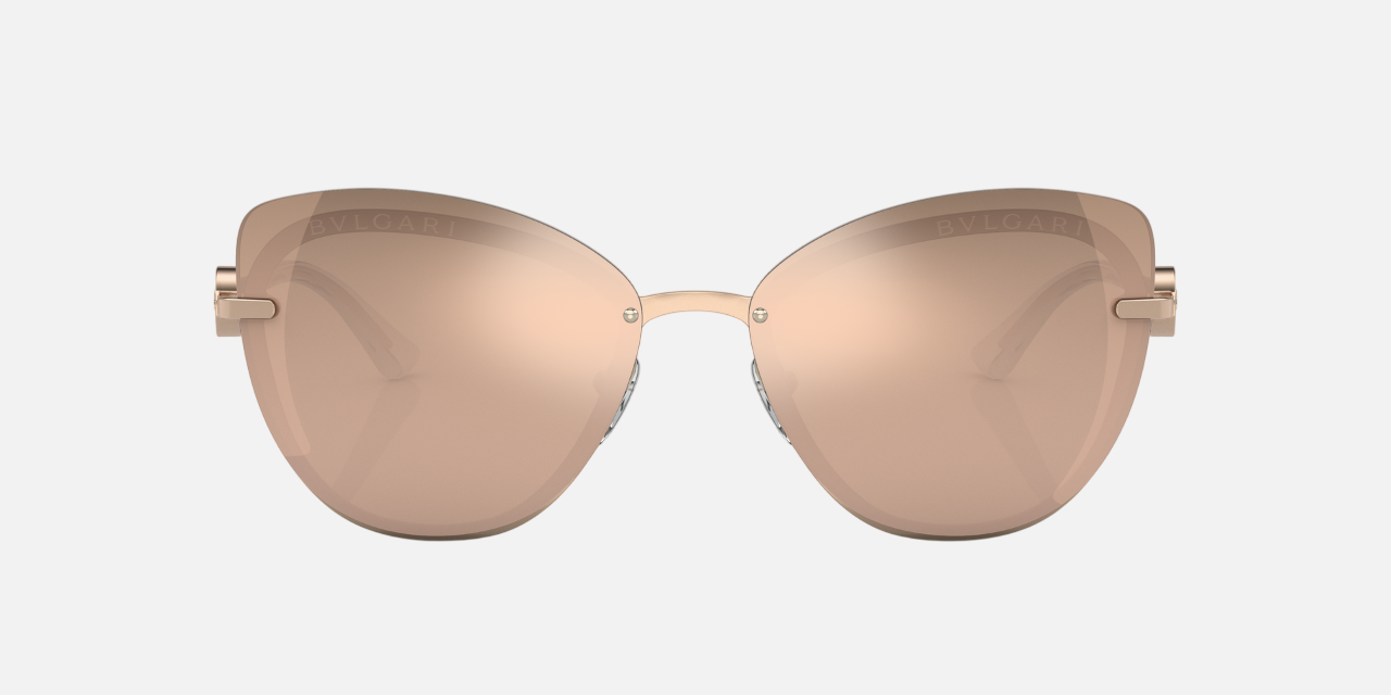Bvlgari BV6182B 20140W butterfly sunglasses for women in semi-rimless metal, with pink gold frame, and rose gold lenses. 60mm in lens size, 15mm in bridge size, and 140mm in temple length.