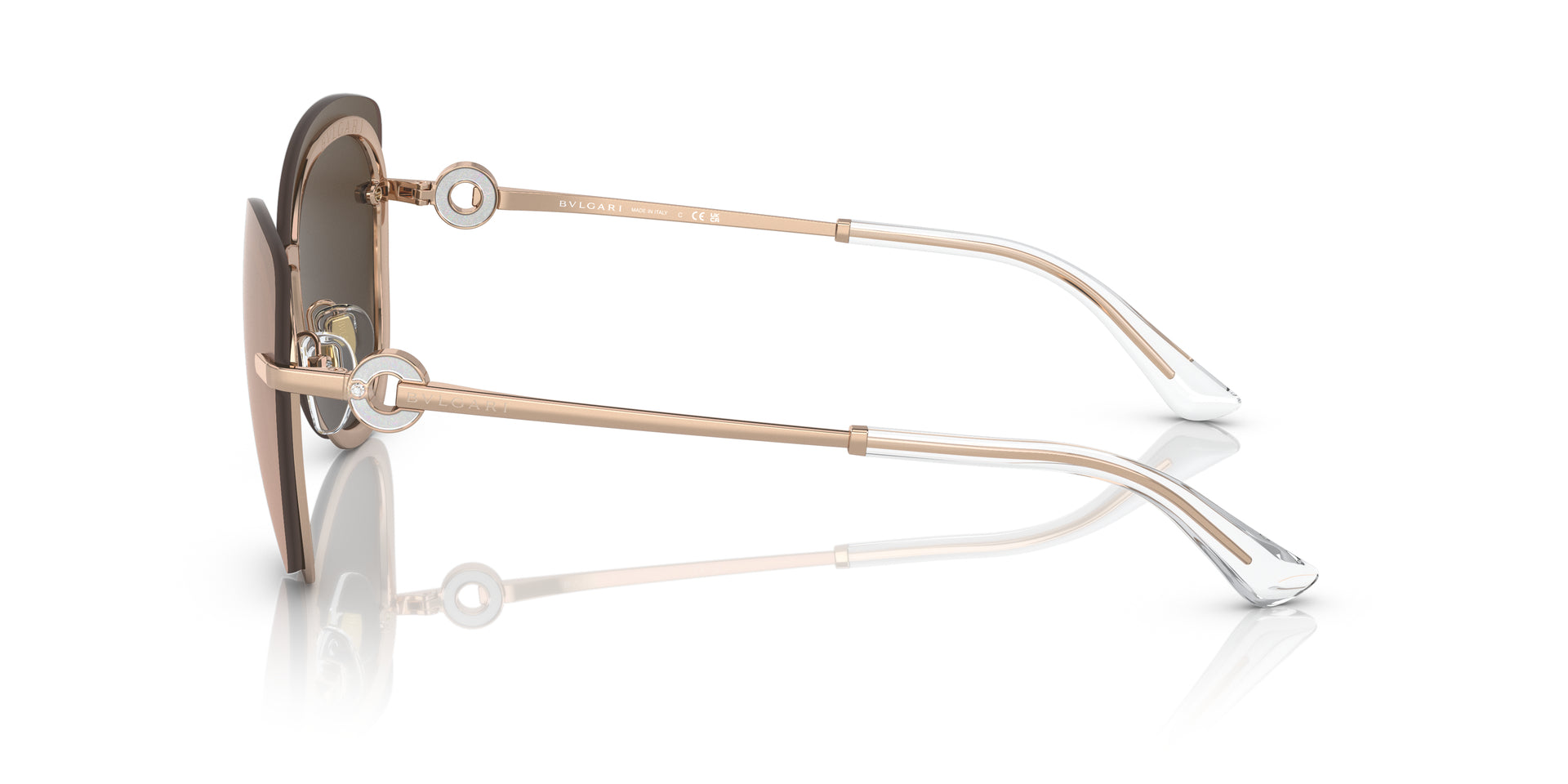 Bvlgari BV6182B 20140W butterfly sunglasses for women in semi-rimless metal, with pink gold frame, and rose gold lenses. 60mm in lens size, 15mm in bridge size, and 140mm in temple length.