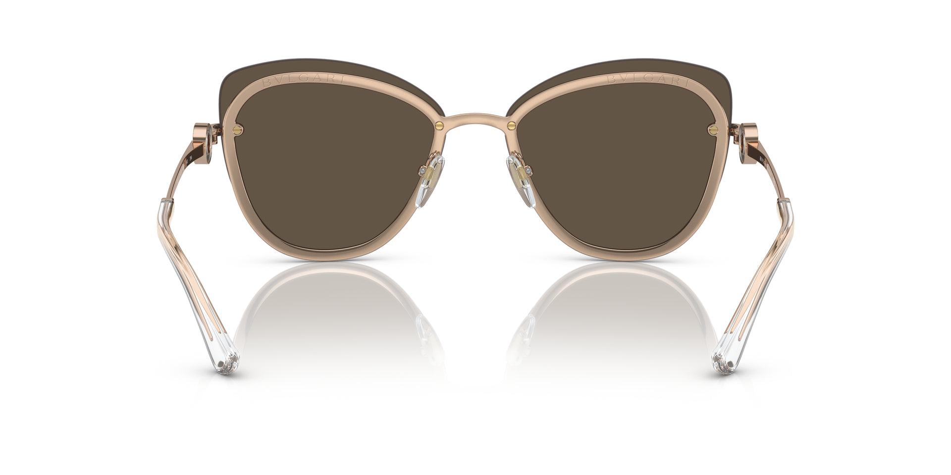 Bvlgari BV6182B 20140W butterfly sunglasses for women in semi-rimless metal, with pink gold frame, and rose gold lenses. 60mm in lens size, 15mm in bridge size, and 140mm in temple length.