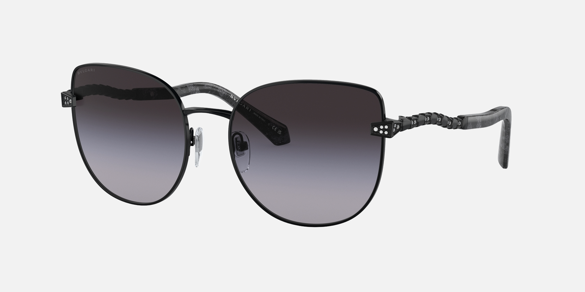 Bvlgari BV6184B 20238G cat-eye sunglasses for women in full rim metal, with black frame, and grey gradient lenses. 56mm in lens size, 17mm in bridge size, and 140mm in temple length.