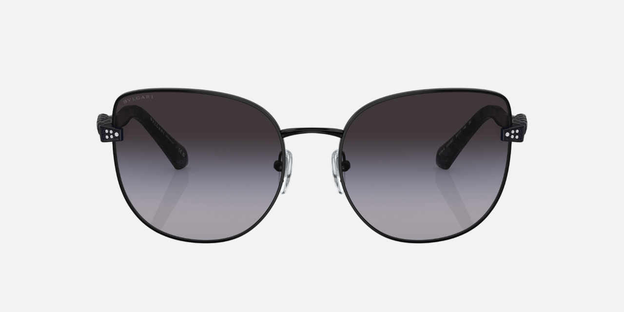 Bvlgari BV6184B 20238G cat-eye sunglasses for women in full rim metal, with black frame, and grey gradient lenses. 56mm in lens size, 17mm in bridge size, and 140mm in temple length.