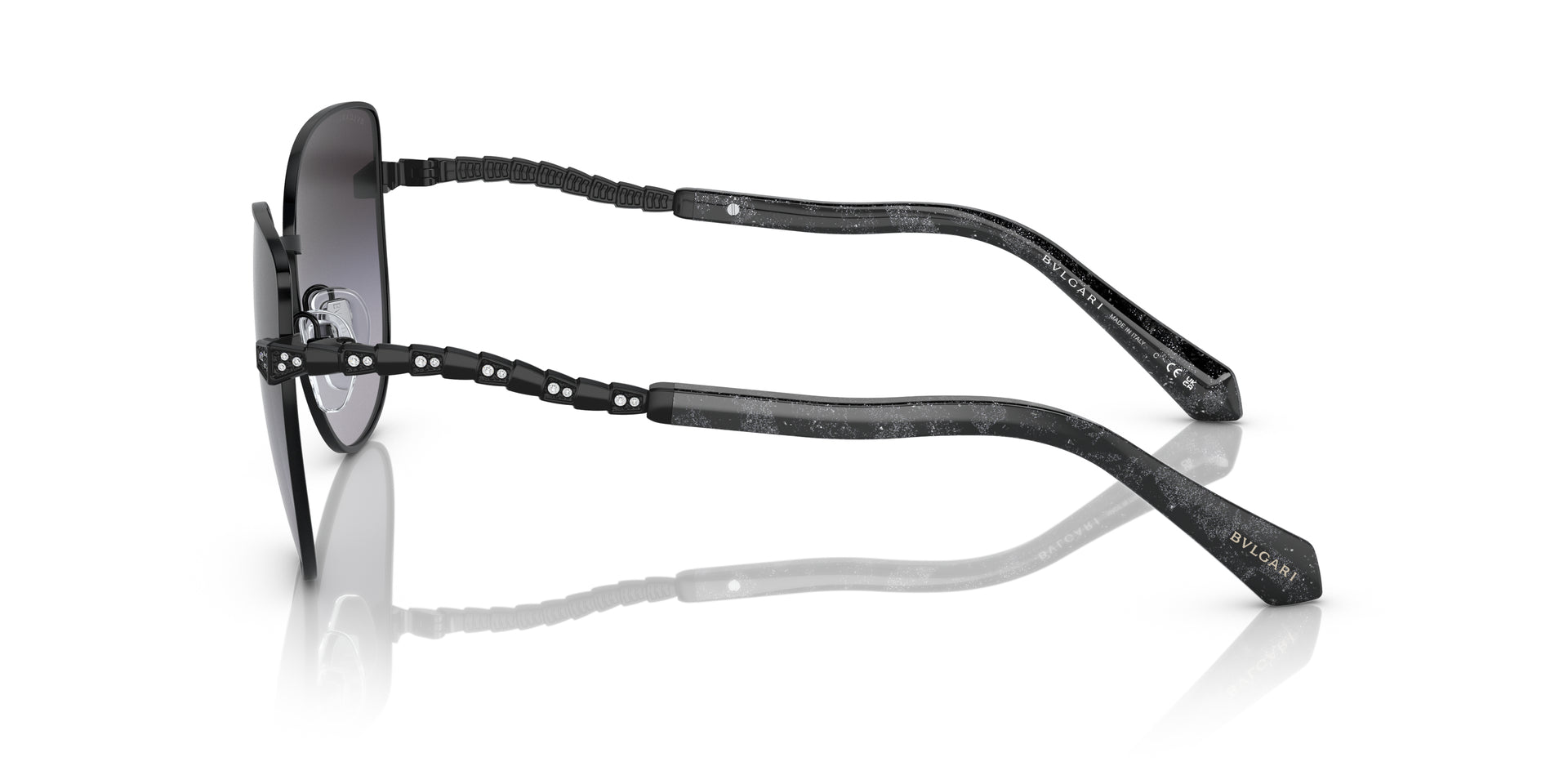 Bvlgari BV6184B 20238G cat-eye sunglasses for women in full rim metal, with black frame, and grey gradient lenses. 56mm in lens size, 17mm in bridge size, and 140mm in temple length.