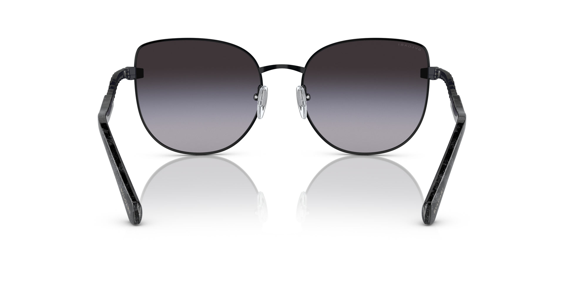 Bvlgari BV6184B 20238G cat-eye sunglasses for women in full rim metal, with black frame, and grey gradient lenses. 56mm in lens size, 17mm in bridge size, and 140mm in temple length.