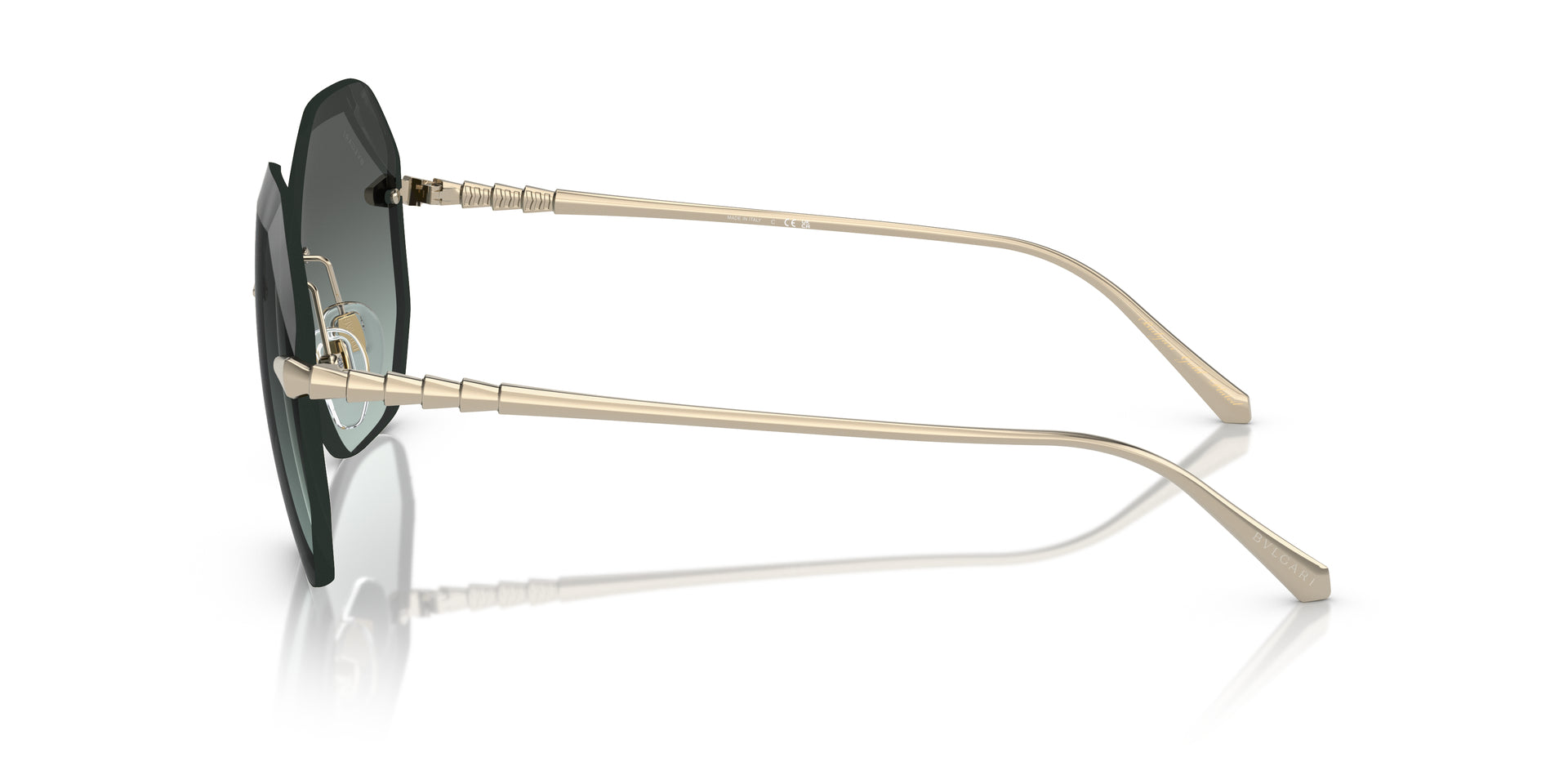 Bvlgari BV6187K 278/2A irregular sunglasses for women in rimless metal, with pale gold plated frame, and green gradient lenses. 59mm in lens size, 16mm in bridge size, and 140mm in temple length.