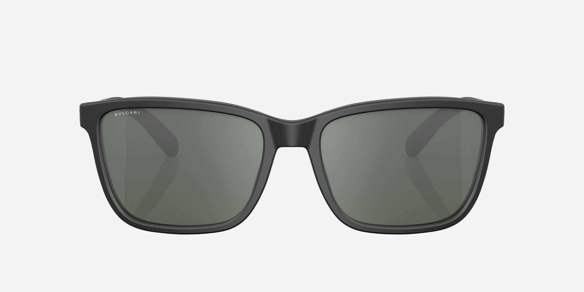 Bvlgari BV7037K 5313W1 rectangular sunglasses for men in full rim plastic, with matte black frame, and dark gray mirrored silver polarized lenses. 59mm in lens size, 18mm in bridge size, and 145mm in temple length.