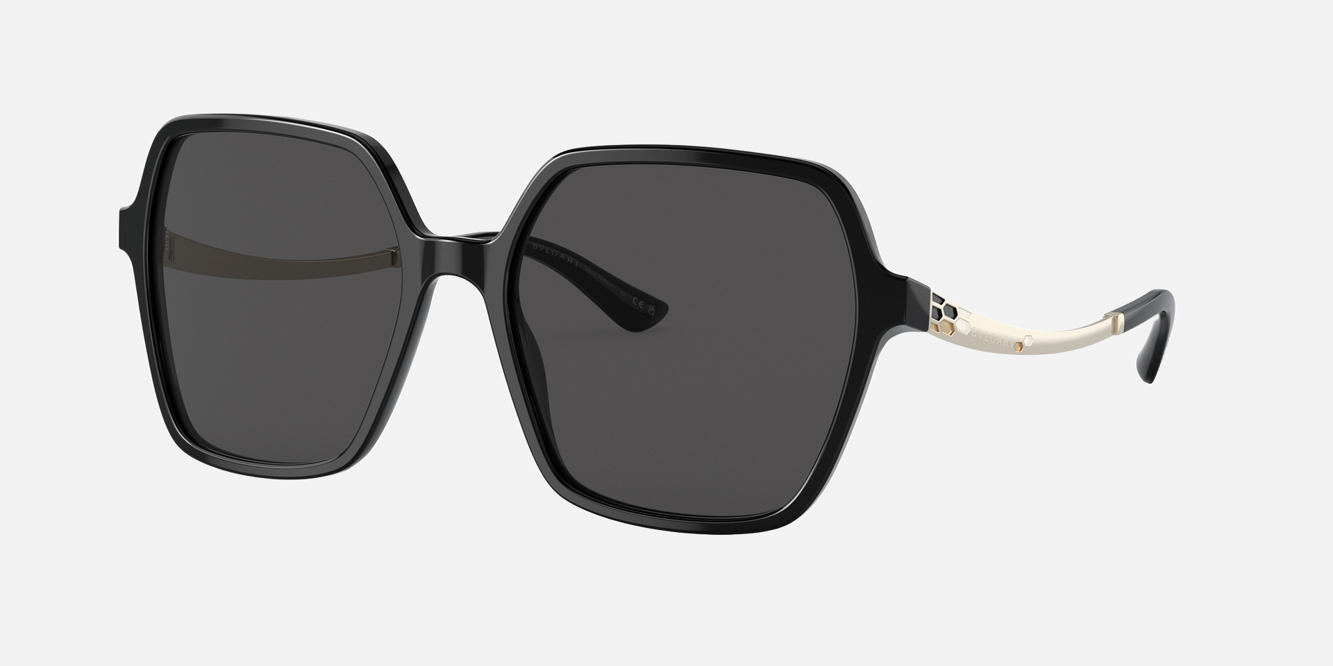 Bvlgari BV8252 501/87 irregular sunglasses for women in full rim plastic, with black frame, and dark grey lenses. 56mm in lens size, 18mm in bridge size, and 140mm in temple length.