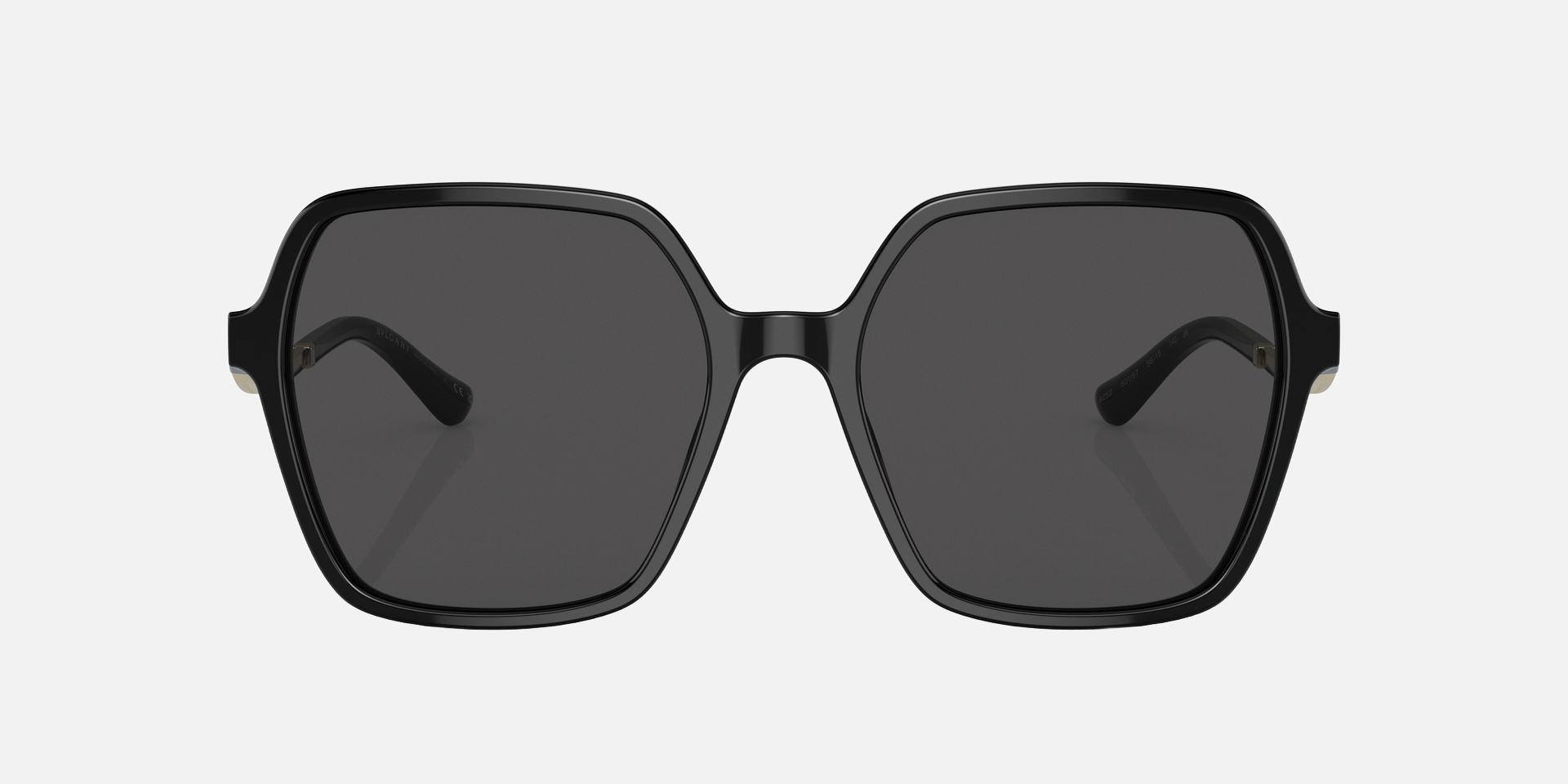 Bvlgari BV8252 501/87 irregular sunglasses for women in full rim plastic, with black frame, and dark grey lenses. 56mm in lens size, 18mm in bridge size, and 140mm in temple length.