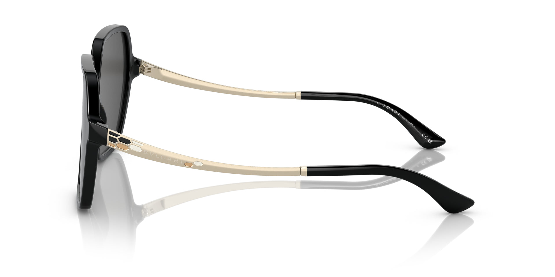 Bvlgari BV8252 501/87 irregular sunglasses for women in full rim plastic, with black frame, and dark grey lenses. 56mm in lens size, 18mm in bridge size, and 140mm in temple length.