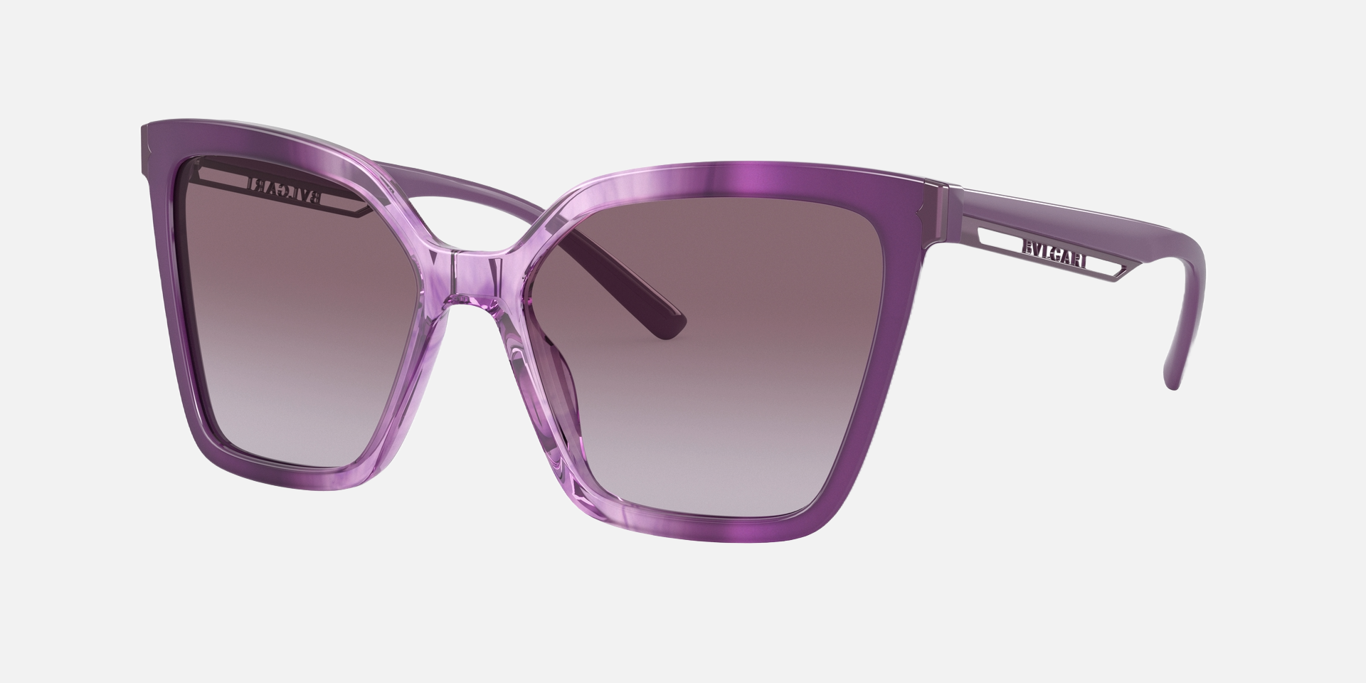 Bvlgari BV8253 55088H butterfly sunglasses for women in full rim plastic, with amethyst opal gradient striped frame, and violet gradient lenses. 56mm in lens size, 17mm in bridge size, and 145mm in temple length.