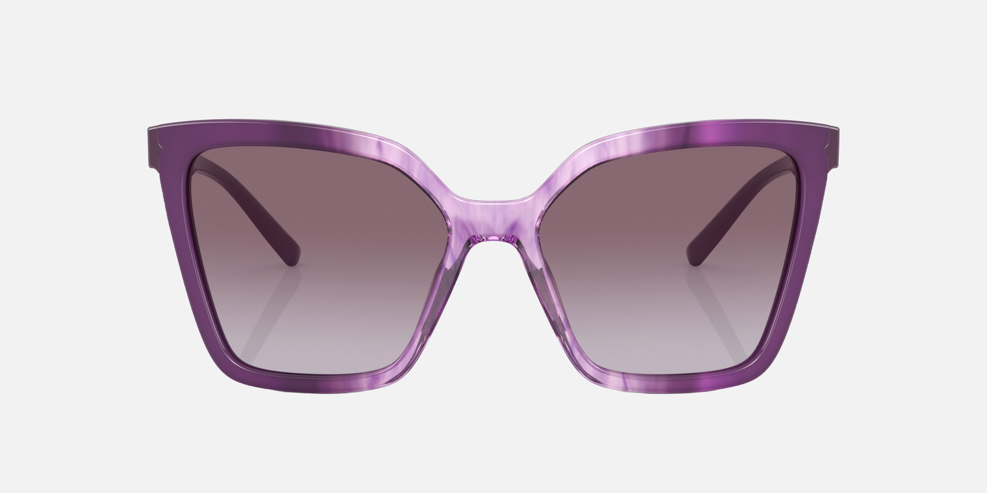 Bvlgari BV8253 55088H butterfly sunglasses for women in full rim plastic, with amethyst opal gradient striped frame, and violet gradient lenses. 56mm in lens size, 17mm in bridge size, and 145mm in temple length.