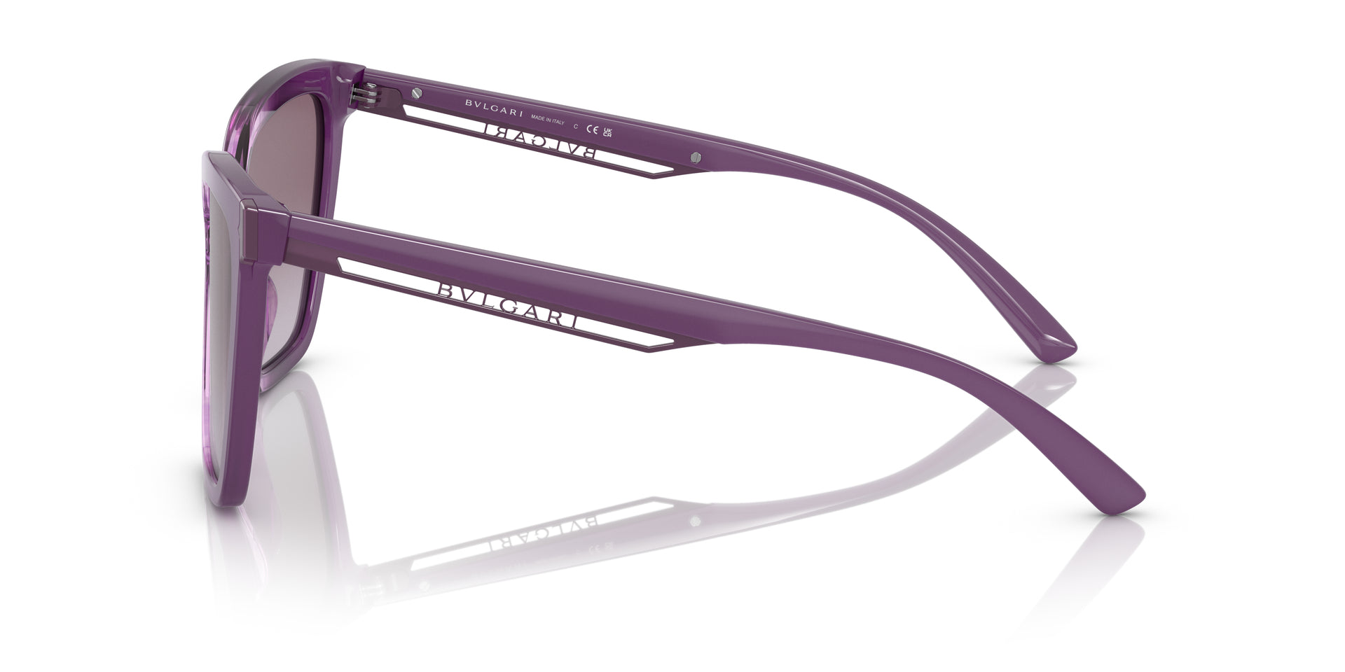 Bvlgari BV8253 55088H butterfly sunglasses for women in full rim plastic, with amethyst opal gradient striped frame, and violet gradient lenses. 56mm in lens size, 17mm in bridge size, and 145mm in temple length.