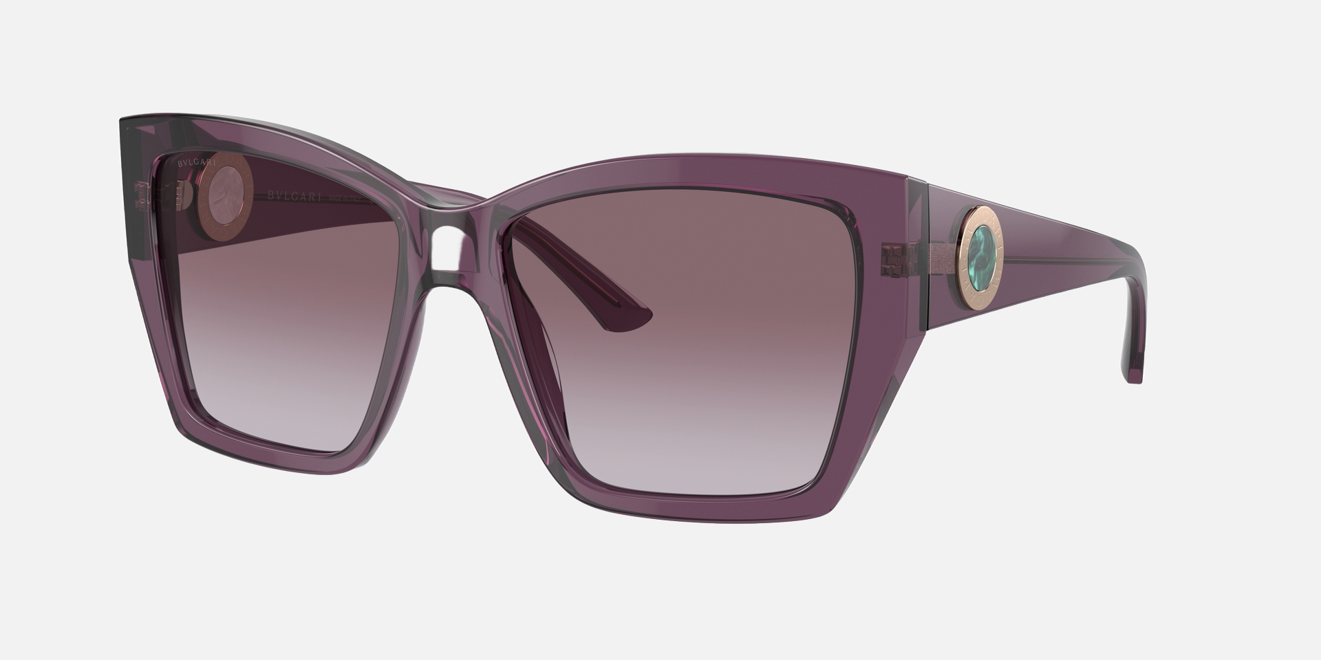 Bvlgari BV8260 55148H square sunglasses for women in full rim plastic, with transparent amethyst frame, and violet gradient lenses. 57mm in lens size, 17mm in bridge size, and 140mm in temple length.