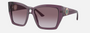 Bvlgari BV8260 55148H square sunglasses for women in full rim plastic, with transparent amethyst frame, and violet gradient lenses. 57mm in lens size, 17mm in bridge size, and 140mm in temple length.