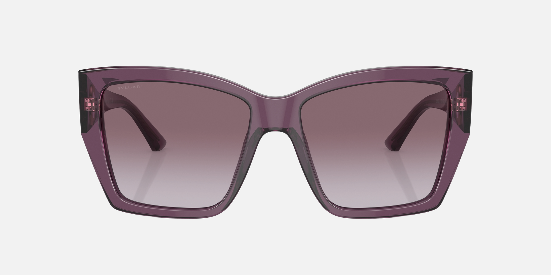 Bvlgari BV8260 55148H square sunglasses for women in full rim plastic, with transparent amethyst frame, and violet gradient lenses. 57mm in lens size, 17mm in bridge size, and 140mm in temple length.