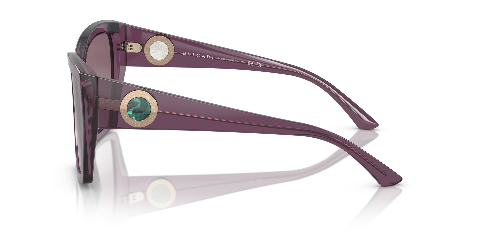 Bvlgari BV8260 55148H square sunglasses for women in full rim plastic, with transparent amethyst frame, and violet gradient lenses. 57mm in lens size, 17mm in bridge size, and 140mm in temple length.