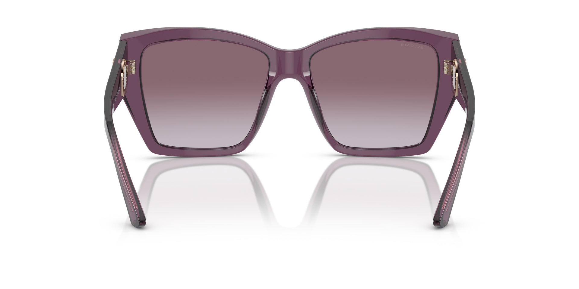 Bvlgari BV8260 55148H square sunglasses for women in full rim plastic, with transparent amethyst frame, and violet gradient lenses. 57mm in lens size, 17mm in bridge size, and 140mm in temple length.