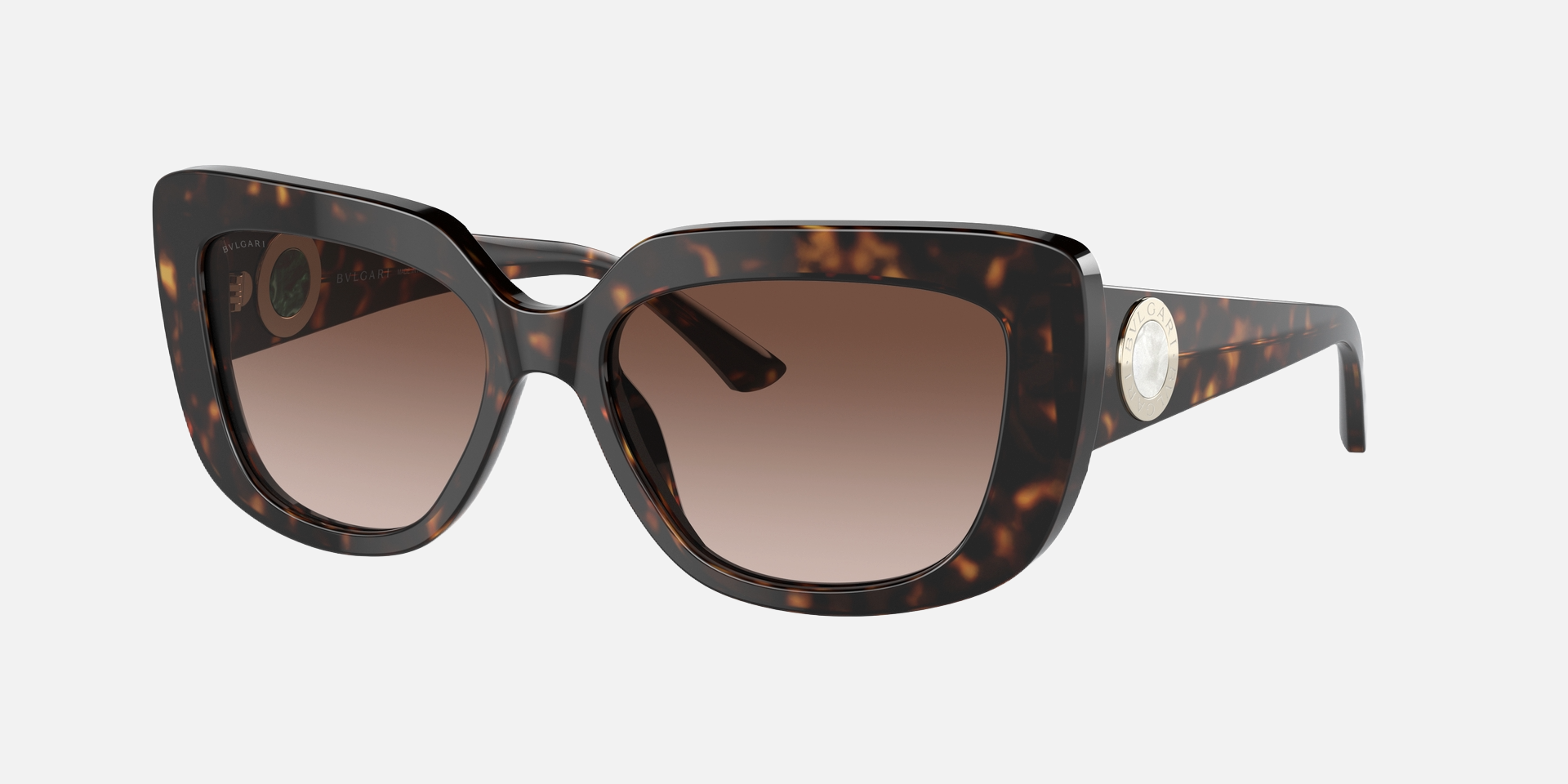 Bvlgari BV8261 504/13 rectangular sunglasses for women in full rim plastic, with havana frame, and brown gradient lenses. 55mm in lens size, 17mm in bridge size, and 140mm in temple length.