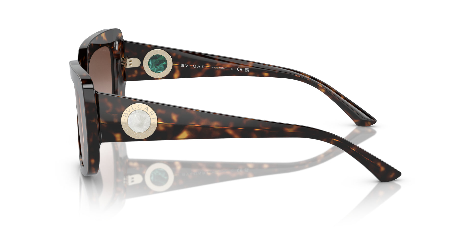 Bvlgari BV8261 504/13 rectangular sunglasses for women in full rim plastic, with havana frame, and brown gradient lenses. 55mm in lens size, 17mm in bridge size, and 140mm in temple length.