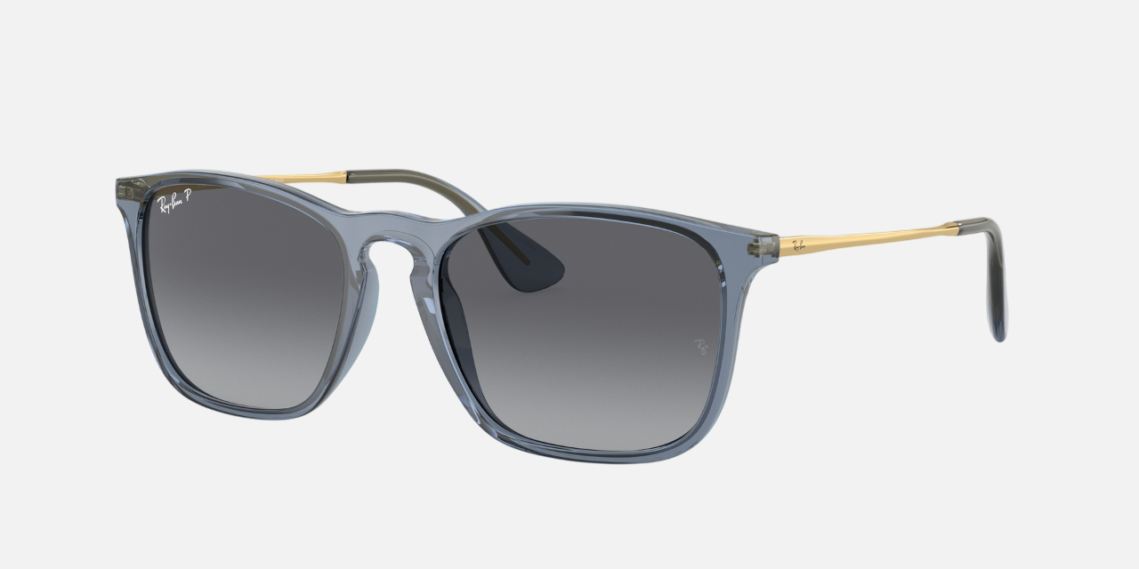 Ray-Ban Chris RB4187 6592T3 square sunglasses for men in full rim plastic, with transparent blue frame, and grey lenses. 54mm in lens size, 18mm in bridge size, and 145mm in temple length.