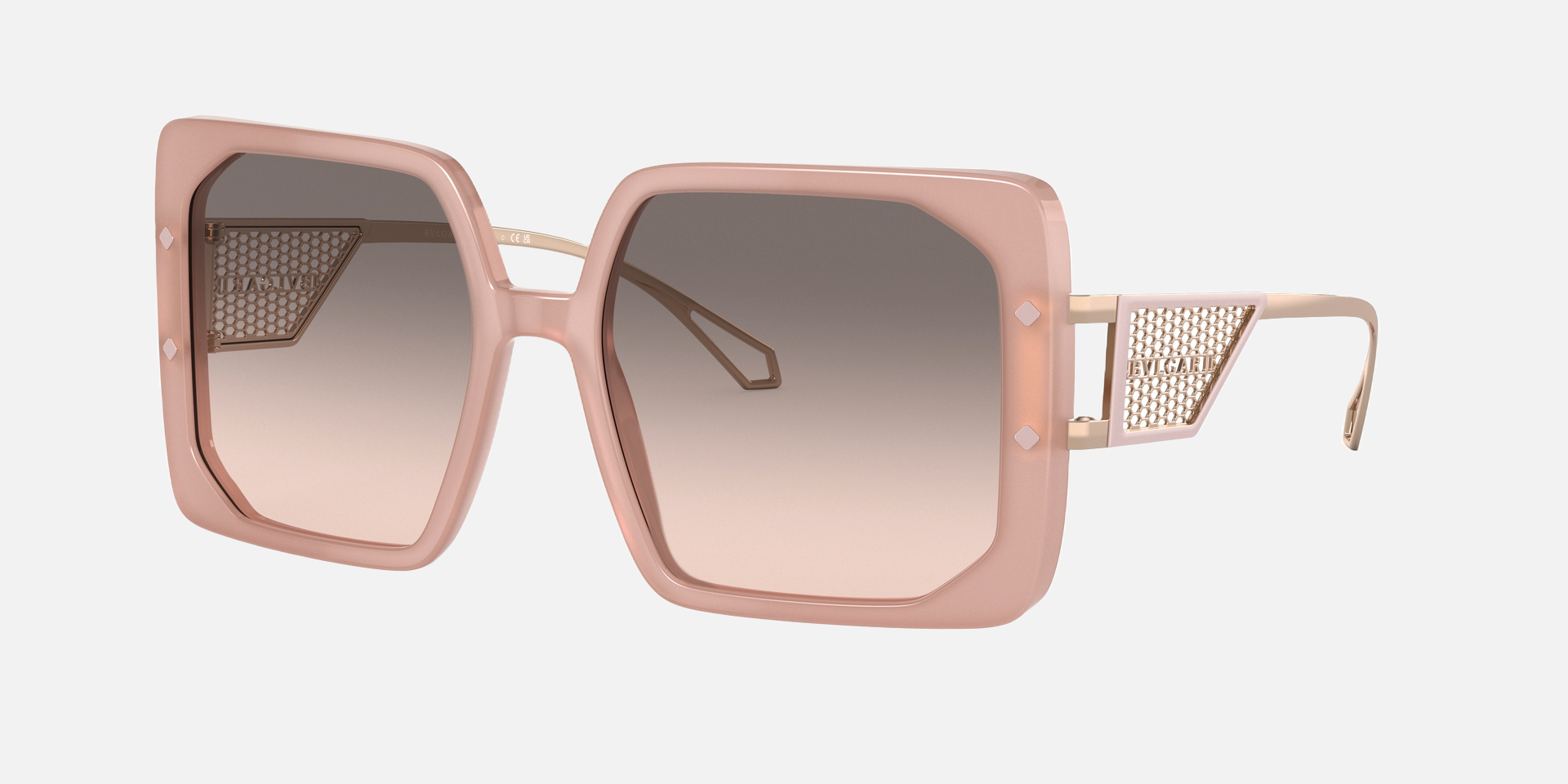 Bvlgari BV8254 55213B square sunglasses for women in full rim plastic, with opal pink frame, and pink gradient grey lenses. 55mm in lens size, 18mm in bridge size, and 140mm in temple length.