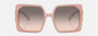 Bvlgari BV8254 55213B square sunglasses for women in full rim plastic, with opal pink frame, and pink gradient grey lenses. 55mm in lens size, 18mm in bridge size, and 140mm in temple length.