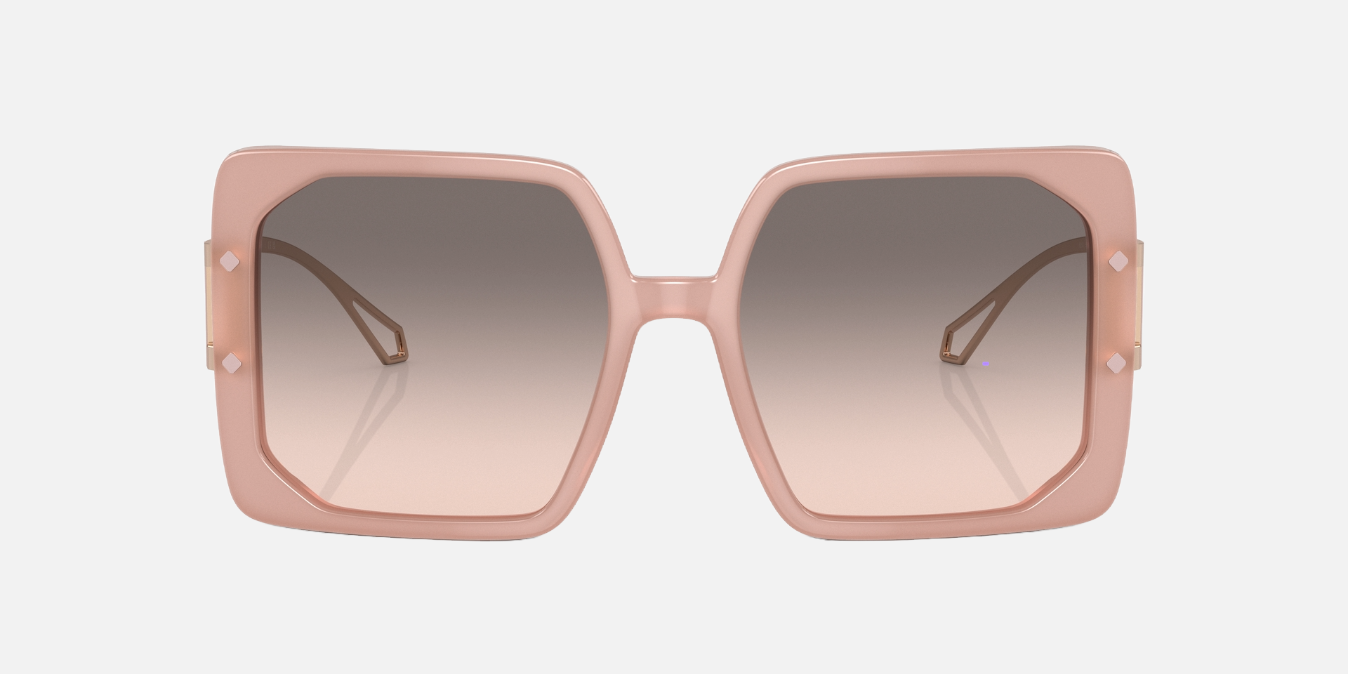 Bvlgari BV8254 55213B square sunglasses for women in full rim plastic, with opal pink frame, and pink gradient grey lenses. 55mm in lens size, 18mm in bridge size, and 140mm in temple length.