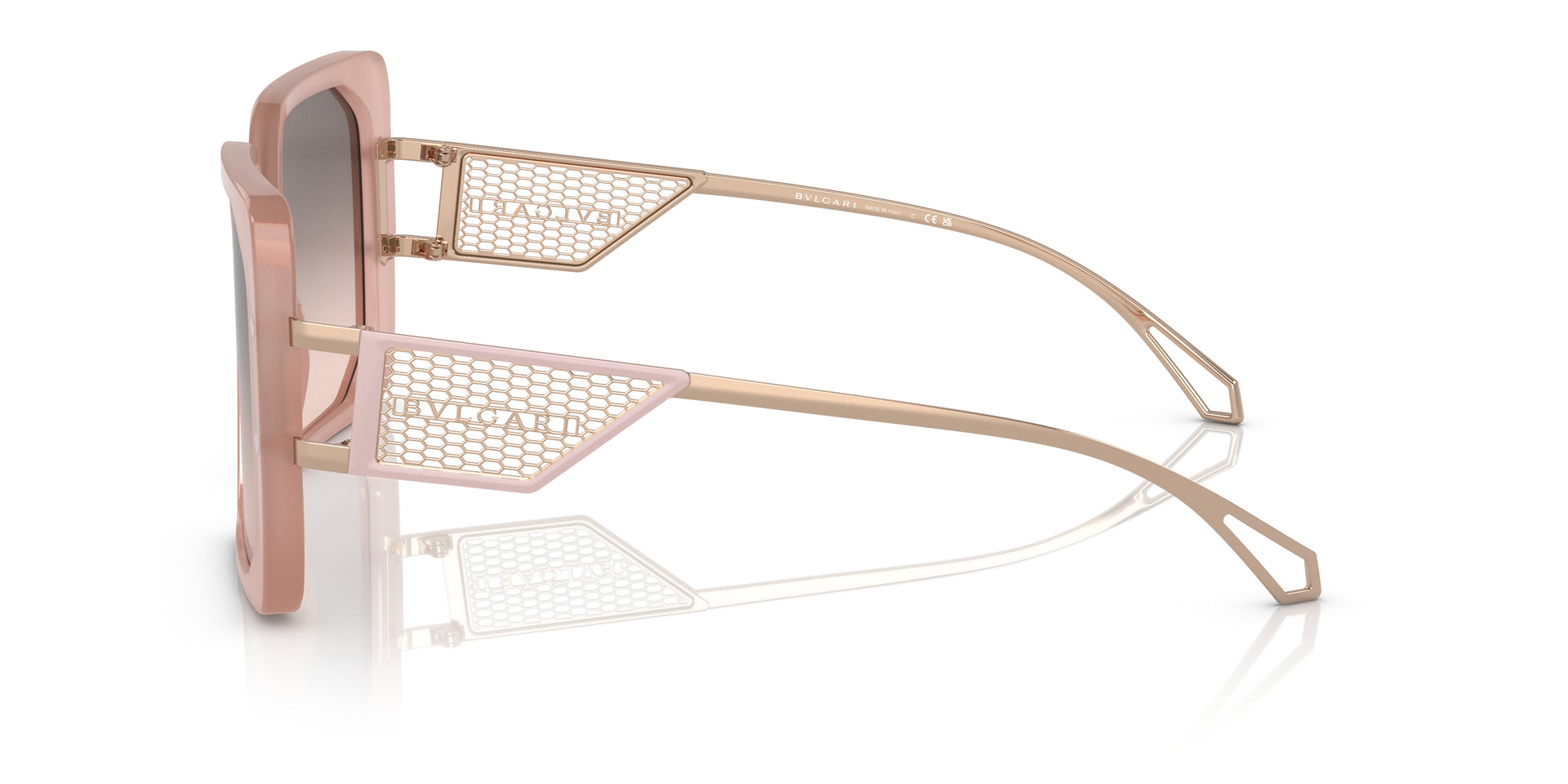 Bvlgari BV8254 55213B square sunglasses for women in full rim plastic, with opal pink frame, and pink gradient grey lenses. 55mm in lens size, 18mm in bridge size, and 140mm in temple length.