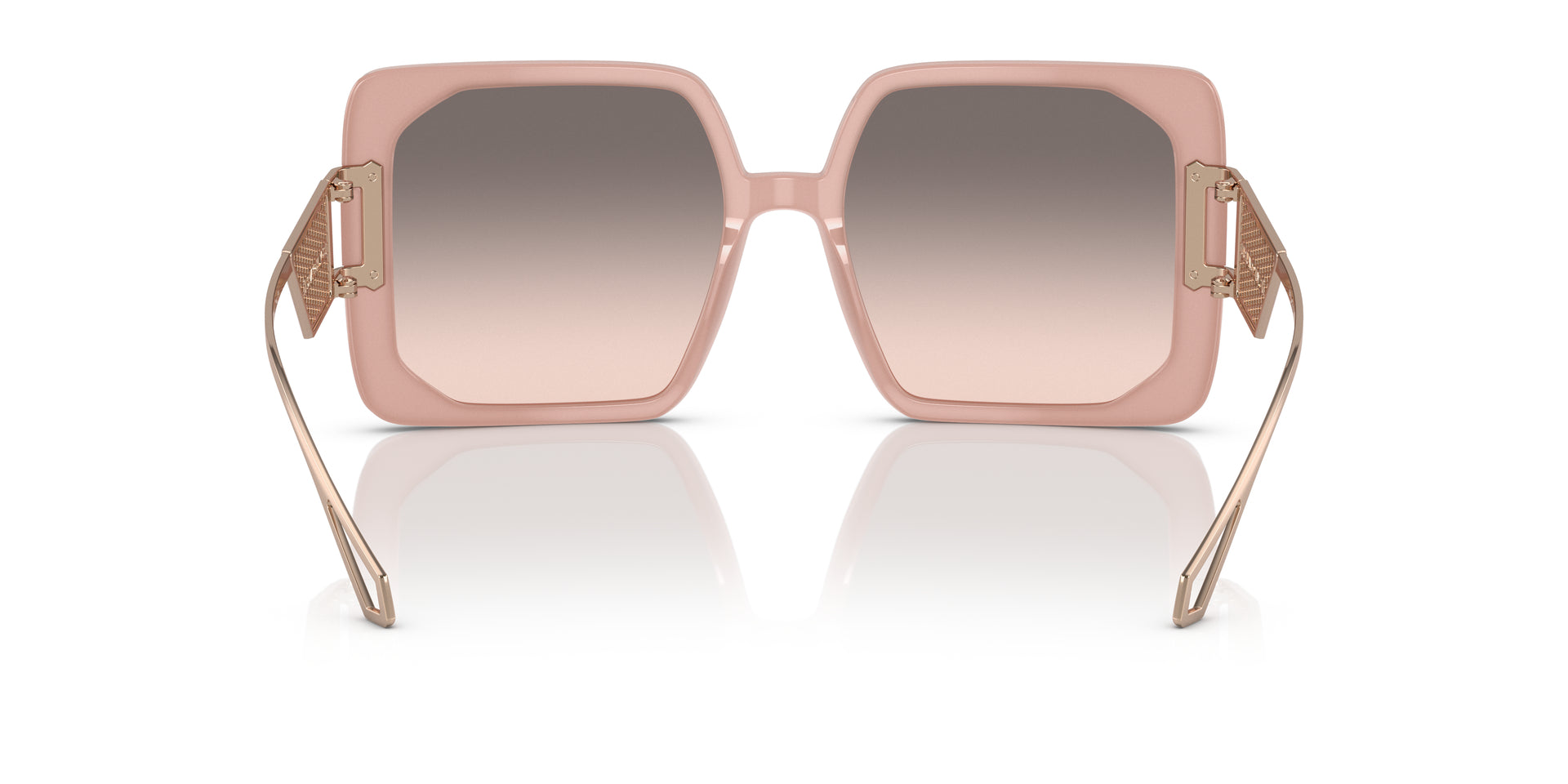 Bvlgari BV8254 55213B square sunglasses for women in full rim plastic, with opal pink frame, and pink gradient grey lenses. 55mm in lens size, 18mm in bridge size, and 140mm in temple length.