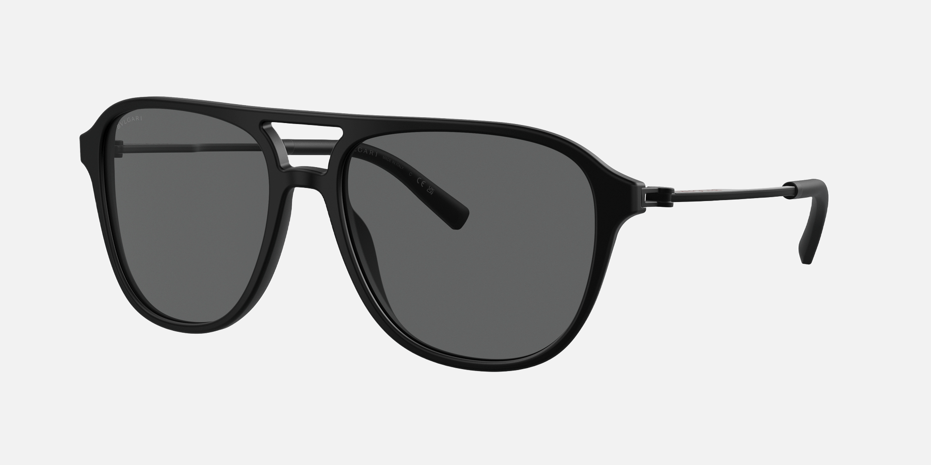 Bvlgari BV7038 5313B1 aviator sunglasses for men in full rim plastic, with matte black frame, and dark grey lenses. 57mm in lens size, 17mm in bridge size, and 140mm in temple length.