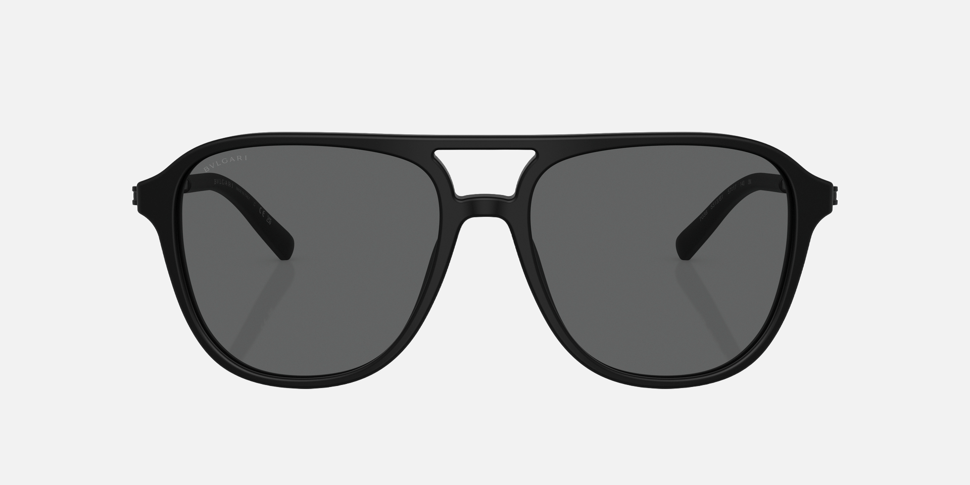 Bvlgari BV7038 5313B1 aviator sunglasses for men in full rim plastic, with matte black frame, and dark grey lenses. 57mm in lens size, 17mm in bridge size, and 140mm in temple length.