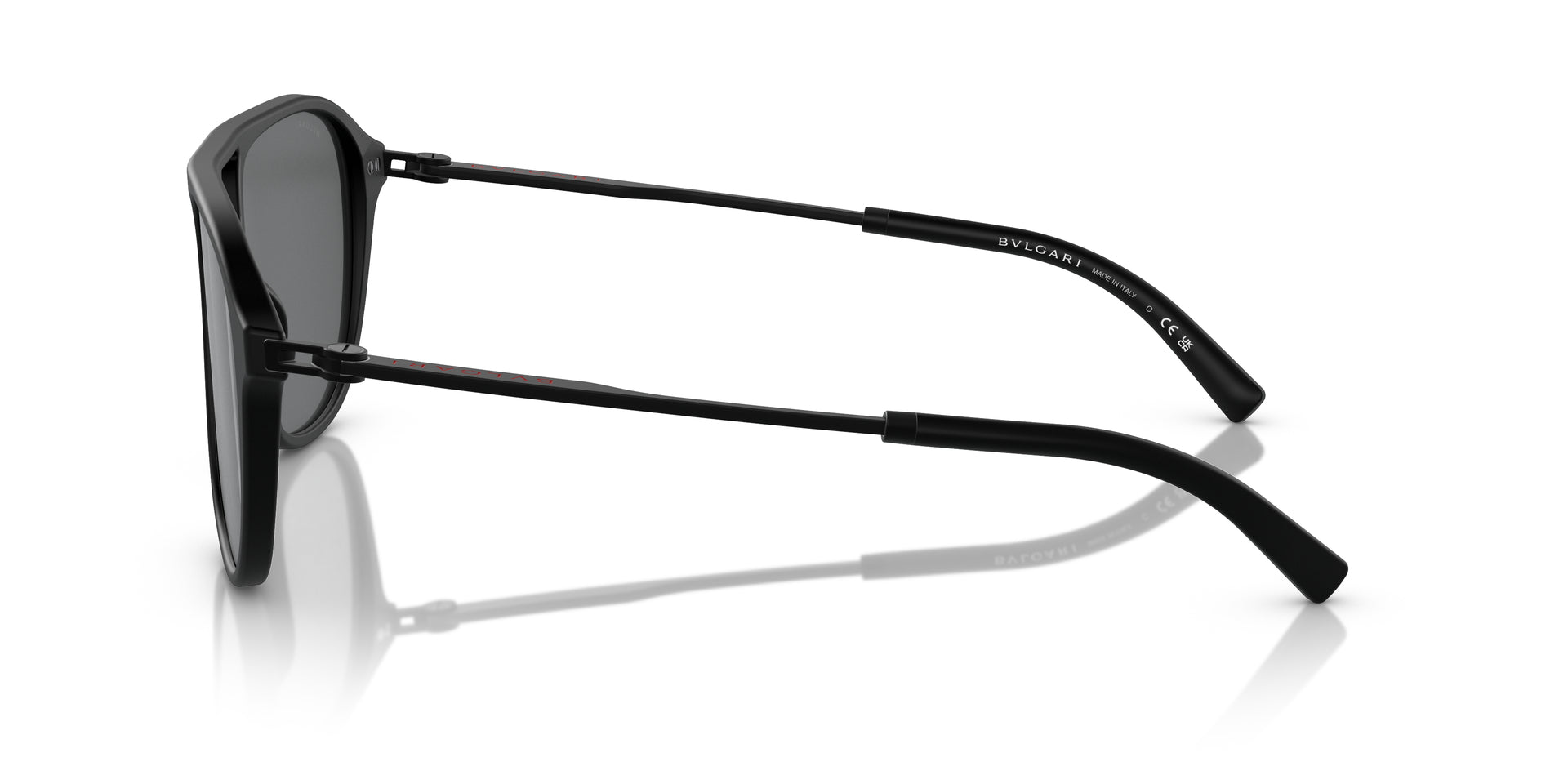 Bvlgari BV7038 5313B1 aviator sunglasses for men in full rim plastic, with matte black frame, and dark grey lenses. 57mm in lens size, 17mm in bridge size, and 140mm in temple length.