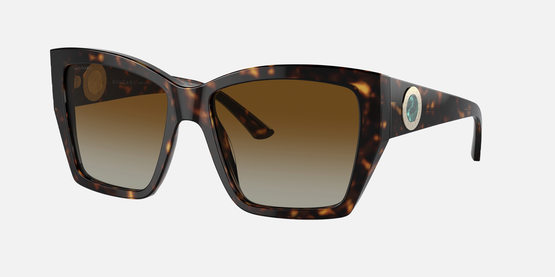Bvlgari BV8260 504/T5 square sunglasses for women in full rim plastic, with havana frame, and brown gradient lenses. 57mm in lens size, 17mm in bridge size, and 140mm in temple length.