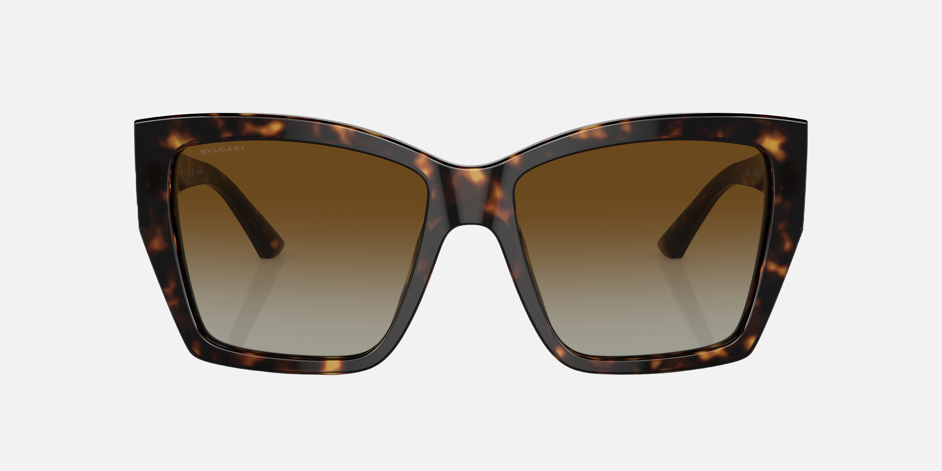 Bvlgari BV8260 504/T5 square sunglasses for women in full rim plastic, with havana frame, and brown gradient lenses. 57mm in lens size, 17mm in bridge size, and 140mm in temple length.