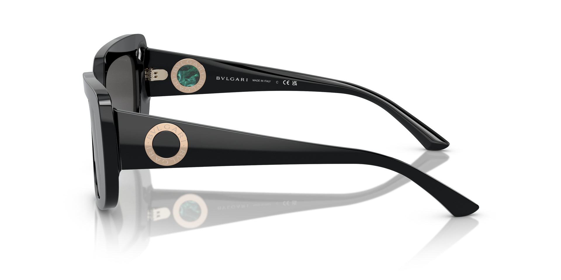 Bvlgari BV8261 501/87 rectangular sunglasses for women in full rim plastic, with black frame, and dark grey lenses. 55mm in lens size, 17mm in bridge size, and 140mm in temple length.