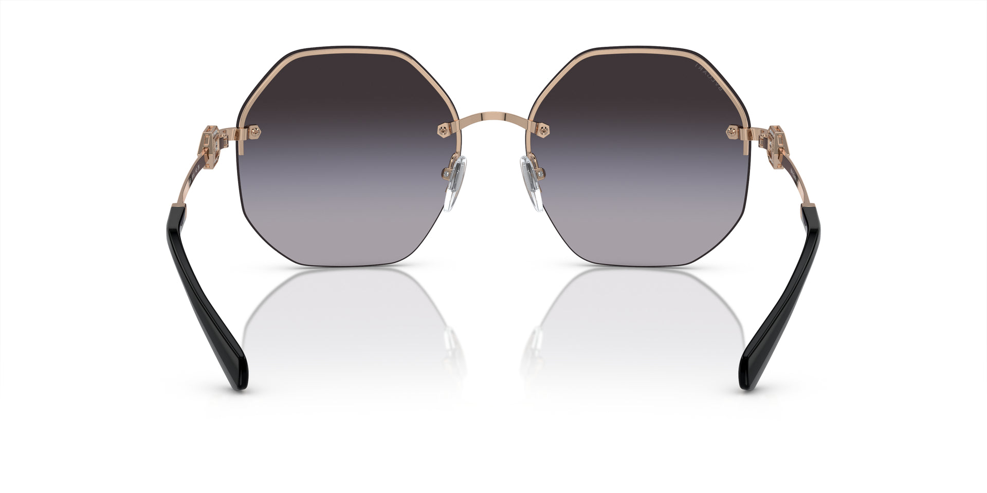 Bvlgari BV6122B 20148G irregular sunglasses for women in full rim metal, with pink gold frame, and grey gradient lenses. 58mm in lens size, 16mm in bridge size, and 140mm in temple length.