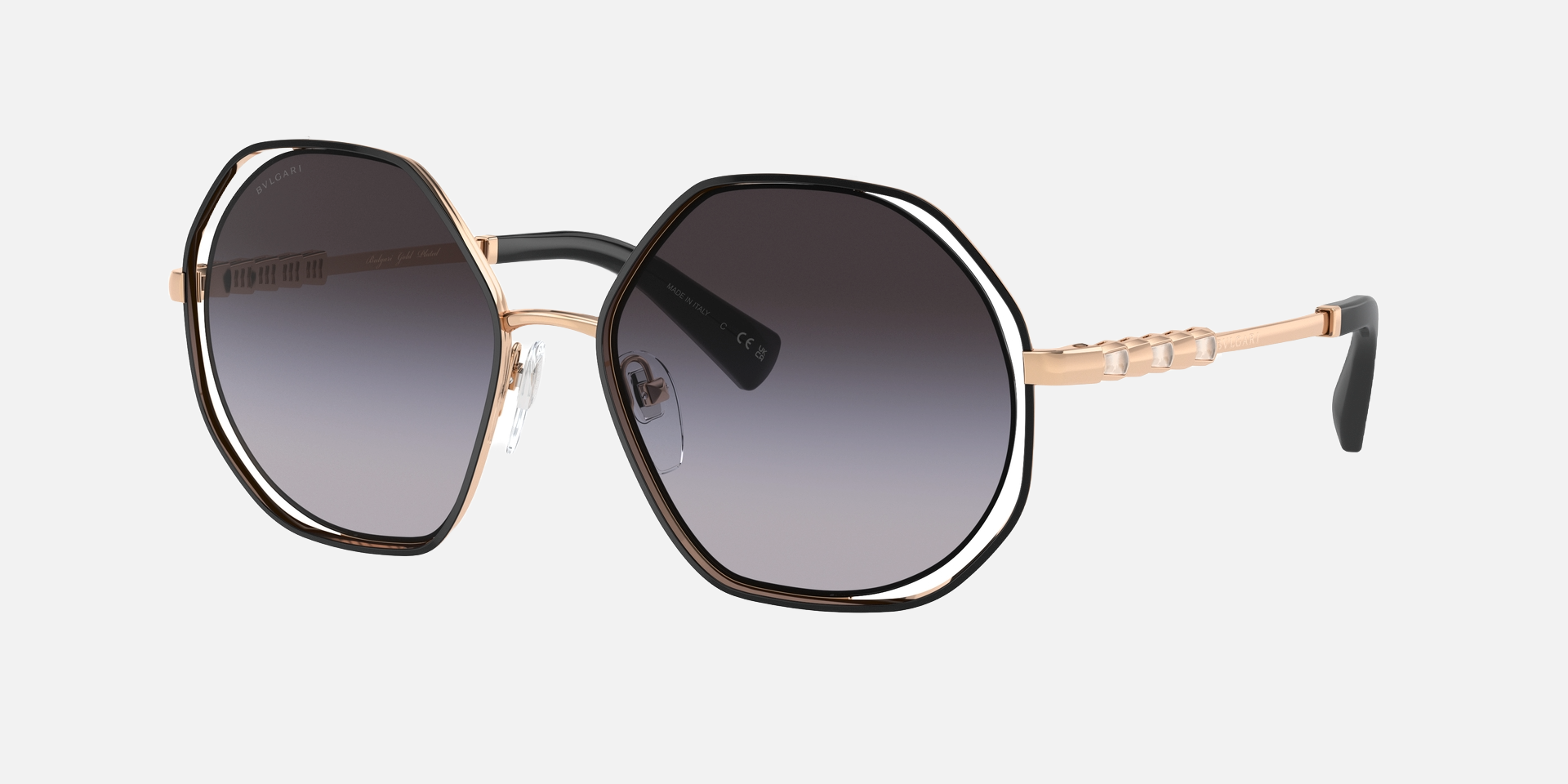 Bvlgari BV6144KB 20568G oversized sunglasses for women in semi-rimless metal, with black/pink gold plated frame, and grey gradient lenses. 55mm in lens size, 17mm in bridge size, and 140mm in temple length.