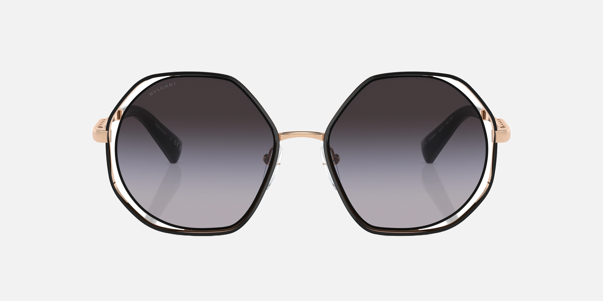 Bvlgari BV6144KB 20568G oversized sunglasses for women in semi-rimless metal, with black/pink gold plated frame, and grey gradient lenses. 55mm in lens size, 17mm in bridge size, and 140mm in temple length.
