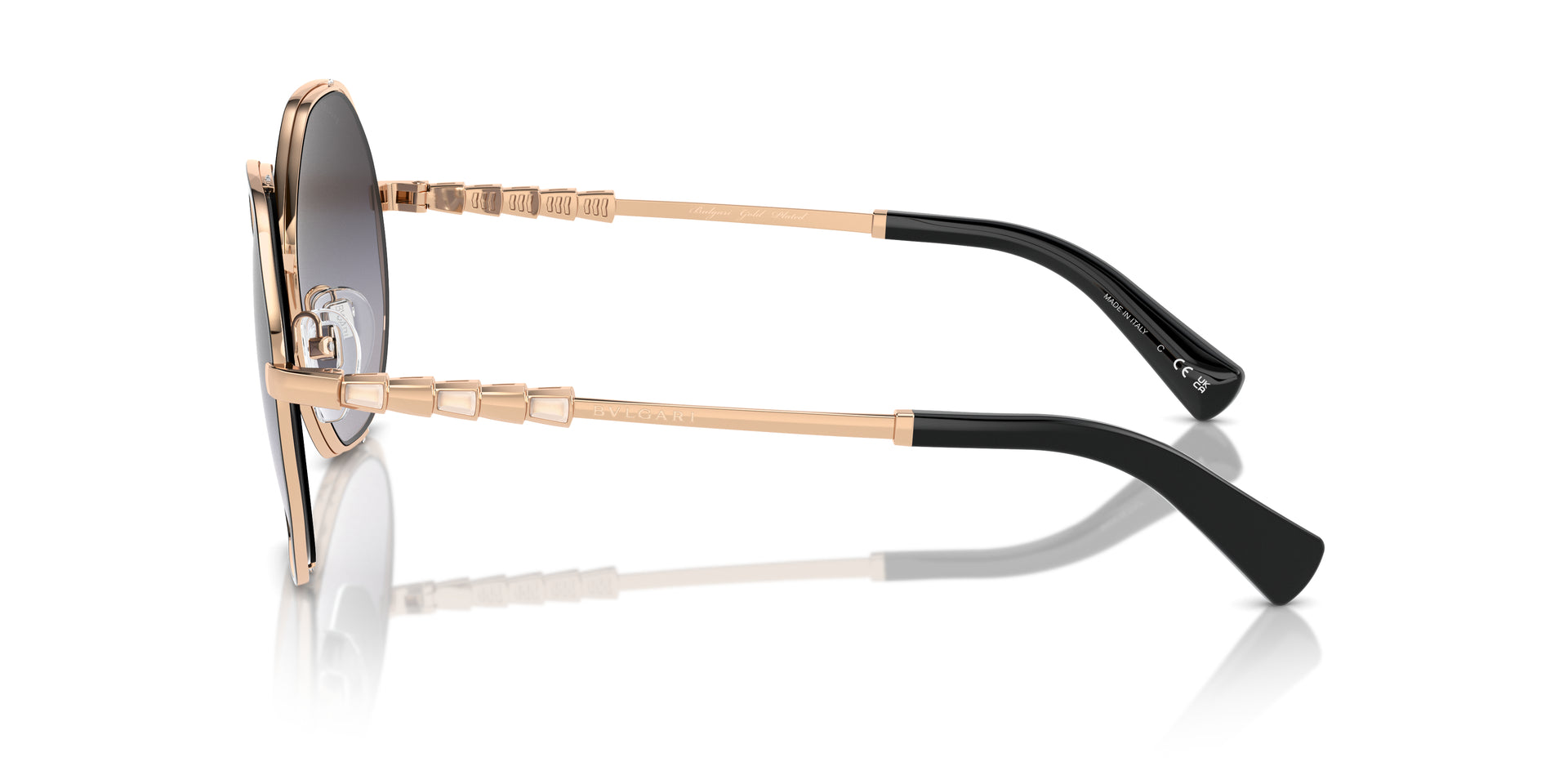 Bvlgari BV6144KB 20568G oversized sunglasses for women in semi-rimless metal, with black/pink gold plated frame, and grey gradient lenses. 55mm in lens size, 17mm in bridge size, and 140mm in temple length.