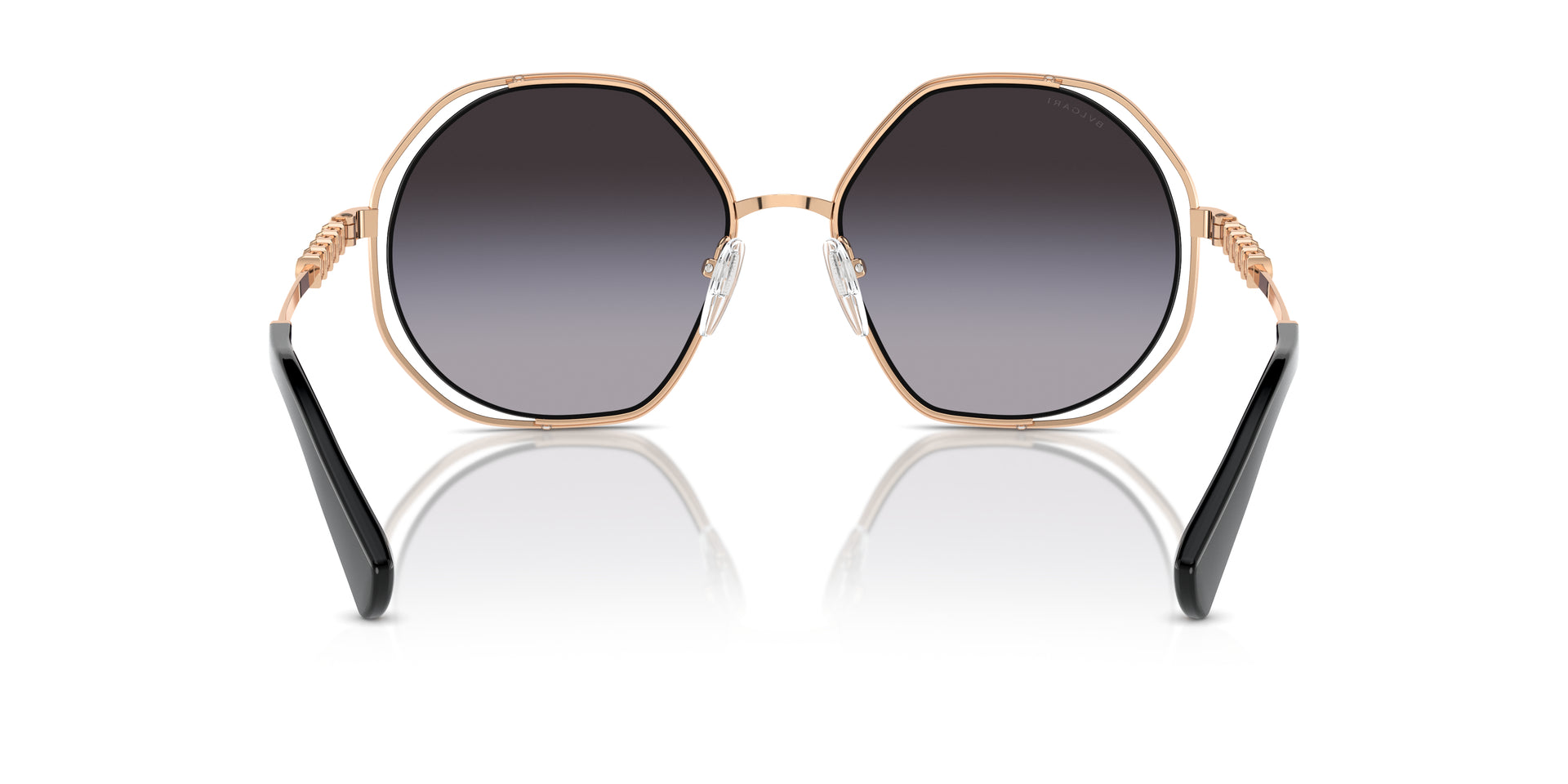 Bvlgari BV6144KB 20568G oversized sunglasses for women in semi-rimless metal, with black/pink gold plated frame, and grey gradient lenses. 55mm in lens size, 17mm in bridge size, and 140mm in temple length.