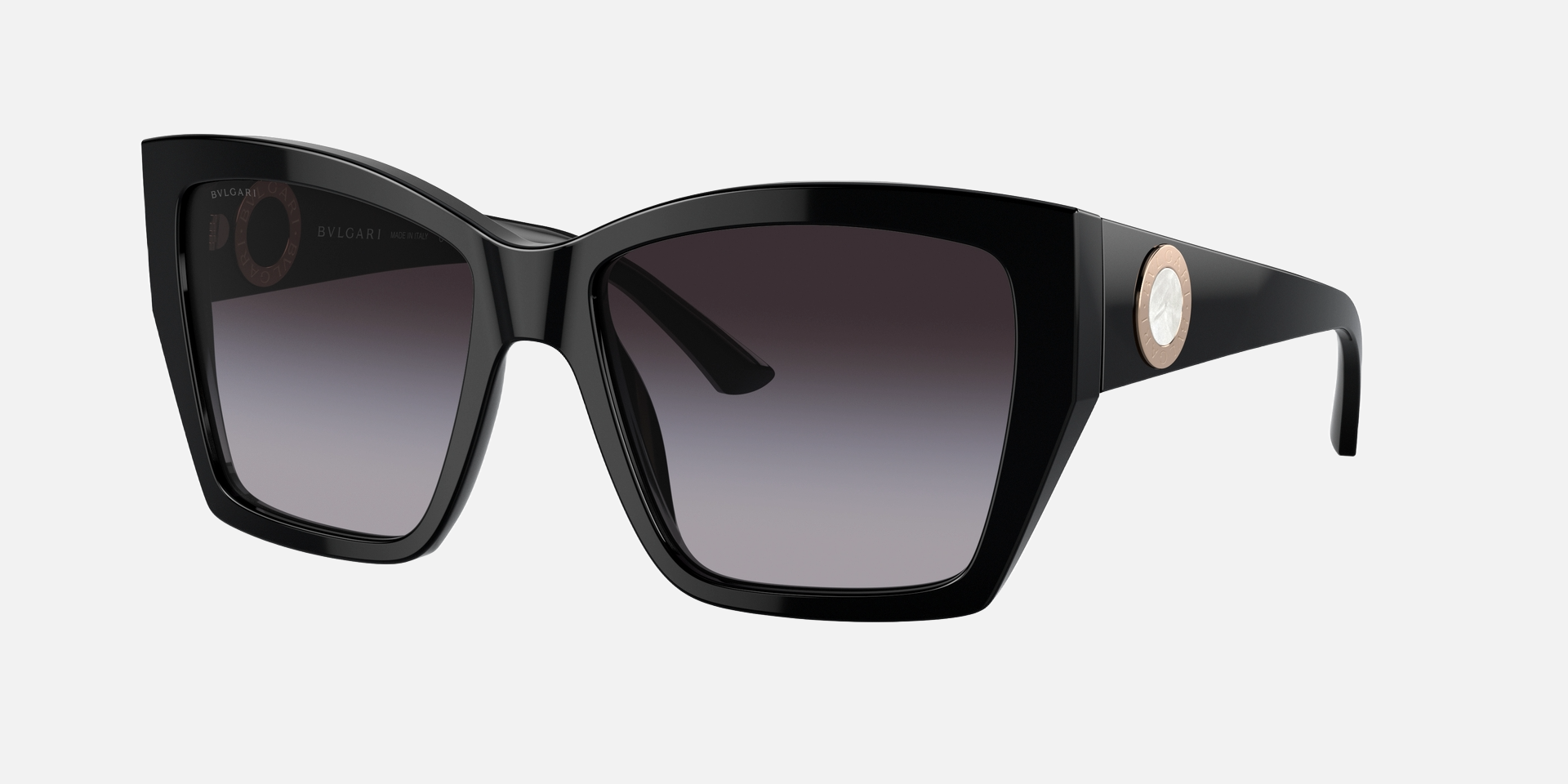 Bvlgari BV8260 501/8G square sunglasses for women in full rim plastic, with black frame, and grey gradient lenses. 57mm in lens size, 17mm in bridge size, and 140mm in temple length.