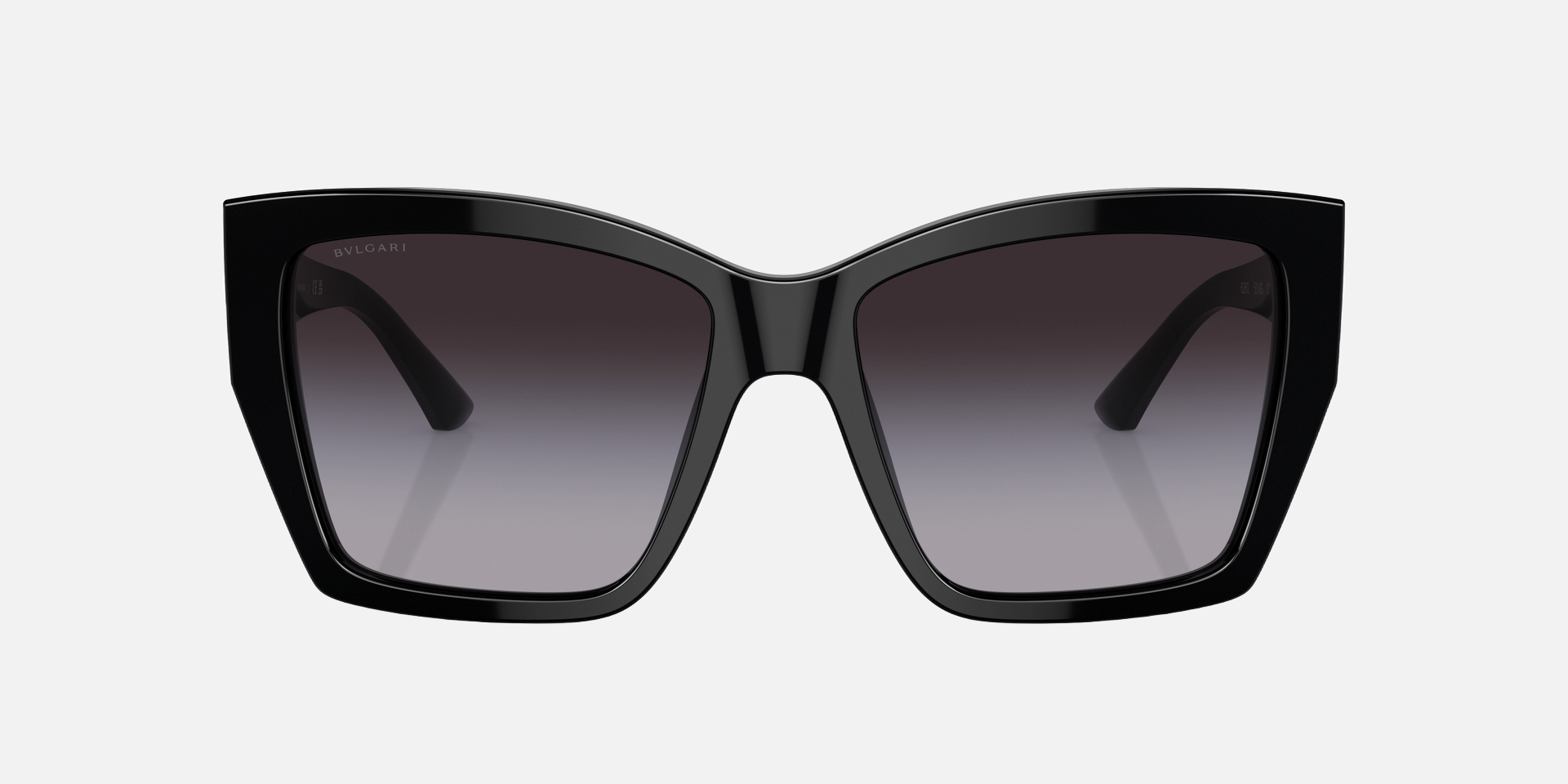 Bvlgari BV8260 501/8G square sunglasses for women in full rim plastic, with black frame, and grey gradient lenses. 57mm in lens size, 17mm in bridge size, and 140mm in temple length.