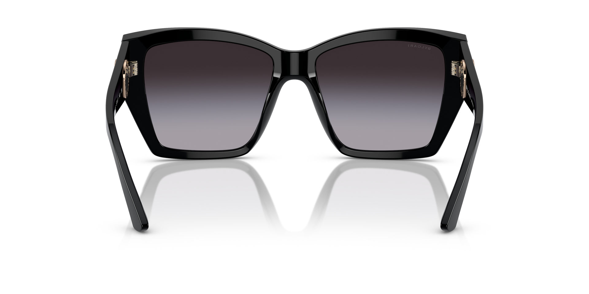 Bvlgari BV8260 501/8G square sunglasses for women in full rim plastic, with black frame, and grey gradient lenses. 57mm in lens size, 17mm in bridge size, and 140mm in temple length.