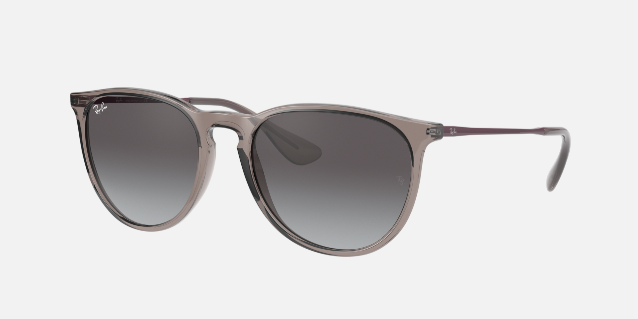 Ray-Ban Erika Color Mix RB4171 65138G round sunglasses for women in full rim plastic, with transparent grey frame, and light grey gradient dark grey lenses. 54mm in lens size, 18mm in bridge size, and 145mm in temple length.