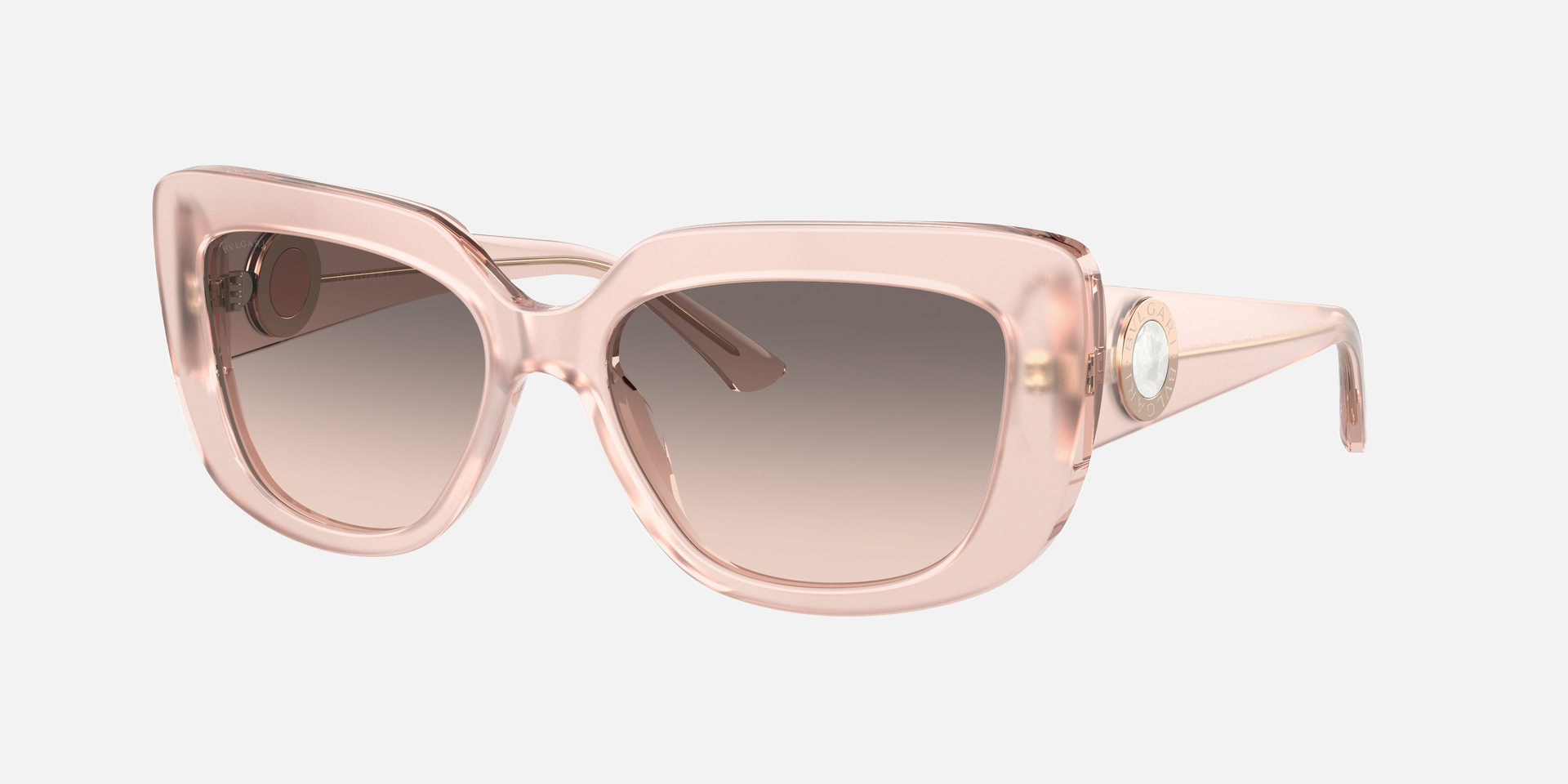 Bvlgari BV8261 55273B rectangular sunglasses for women in full rim plastic, with transparent pink frame, and pink gradient grey lenses. 55mm in lens size, 17mm in bridge size, and 140mm in temple length.