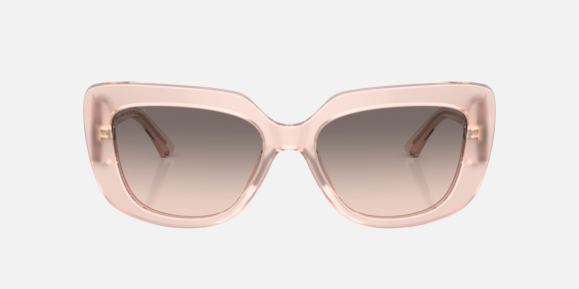 Bvlgari BV8261 55273B rectangular sunglasses for women in full rim plastic, with transparent pink frame, and pink gradient grey lenses. 55mm in lens size, 17mm in bridge size, and 140mm in temple length.
