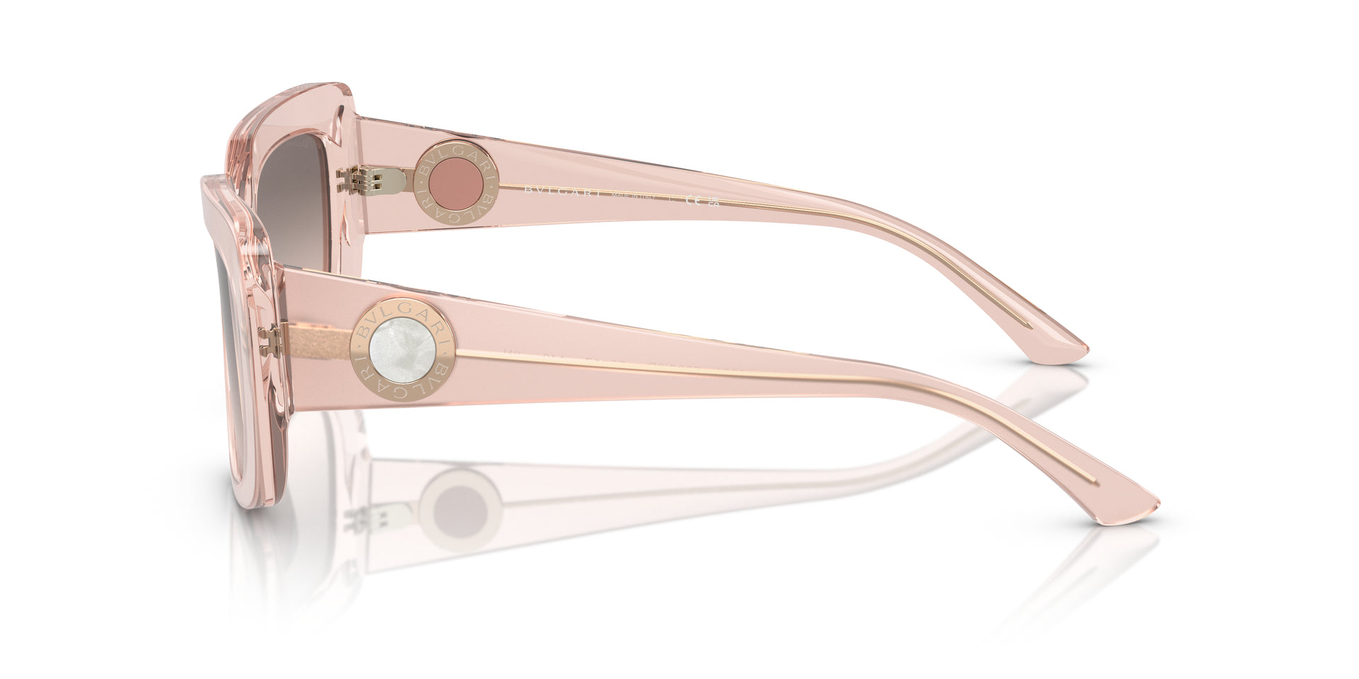 Bvlgari BV8261 55273B rectangular sunglasses for women in full rim plastic, with transparent pink frame, and pink gradient grey lenses. 55mm in lens size, 17mm in bridge size, and 140mm in temple length.