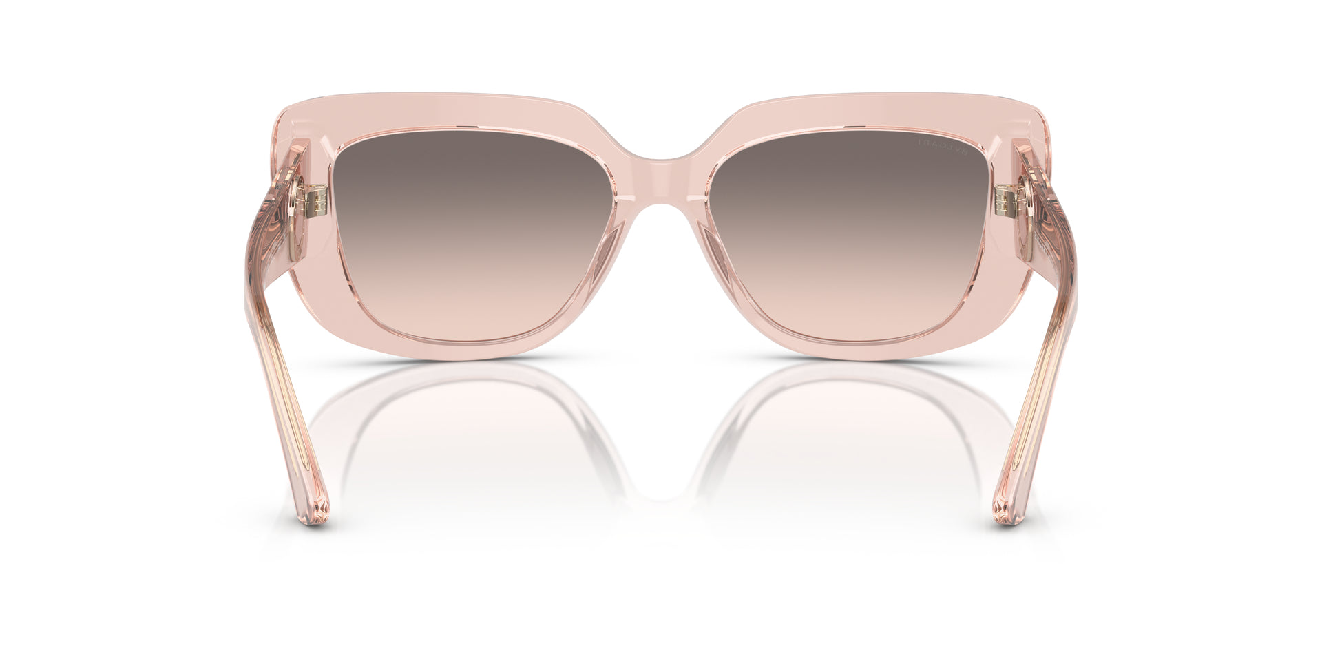Bvlgari BV8261 55273B rectangular sunglasses for women in full rim plastic, with transparent pink frame, and pink gradient grey lenses. 55mm in lens size, 17mm in bridge size, and 140mm in temple length.