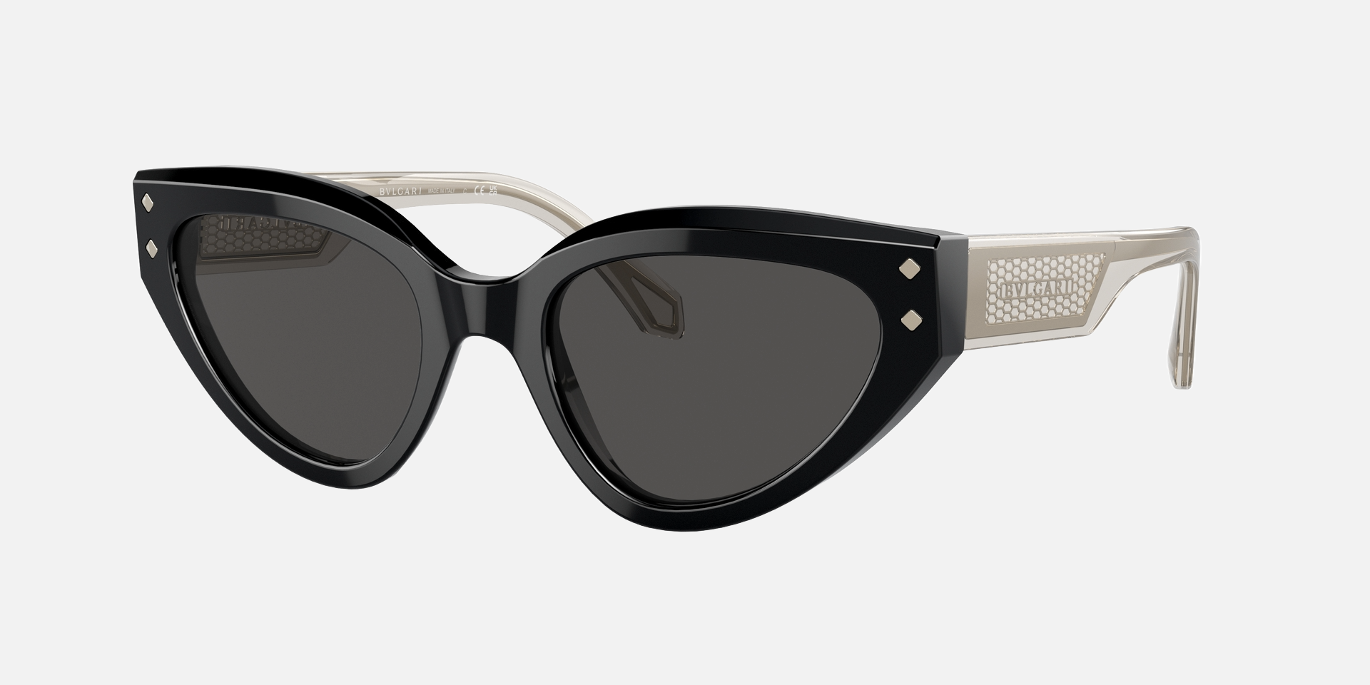 Bvlgari BV8256 501/87 cat-eye sunglasses for women in full rim plastic, with black frame, and dark grey lenses. 53mm in lens size, 21mm in bridge size, and 145mm in temple length.