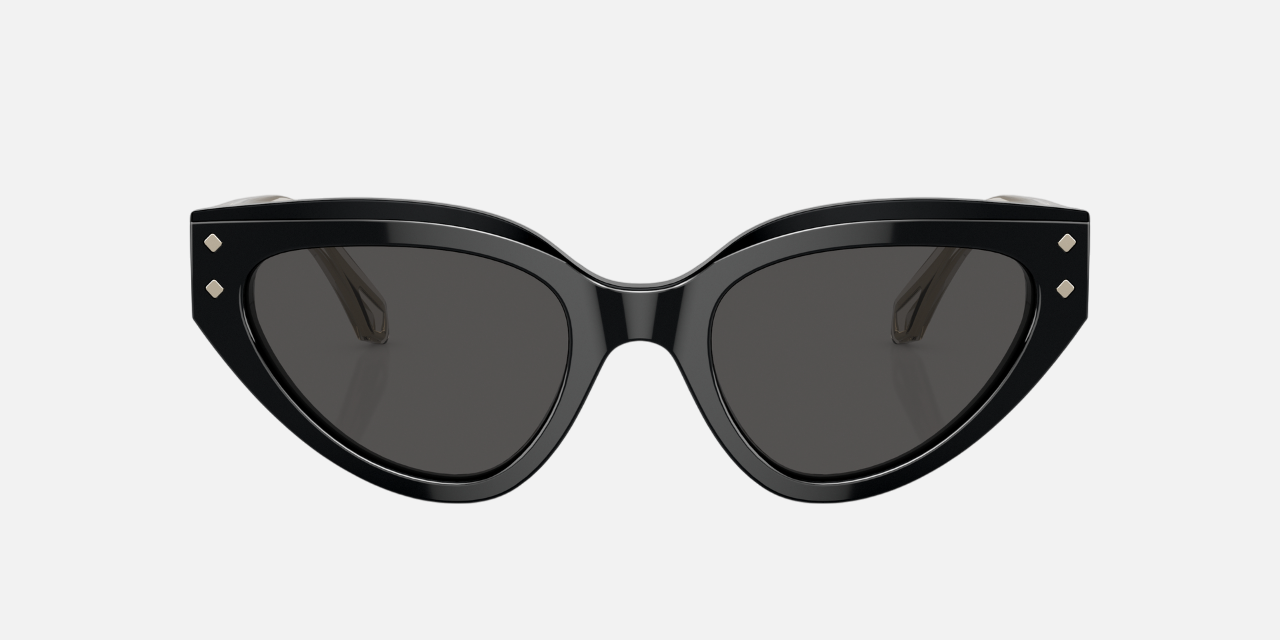 Bvlgari BV8256 501/87 cat-eye sunglasses for women in full rim plastic, with black frame, and dark grey lenses. 53mm in lens size, 21mm in bridge size, and 145mm in temple length.